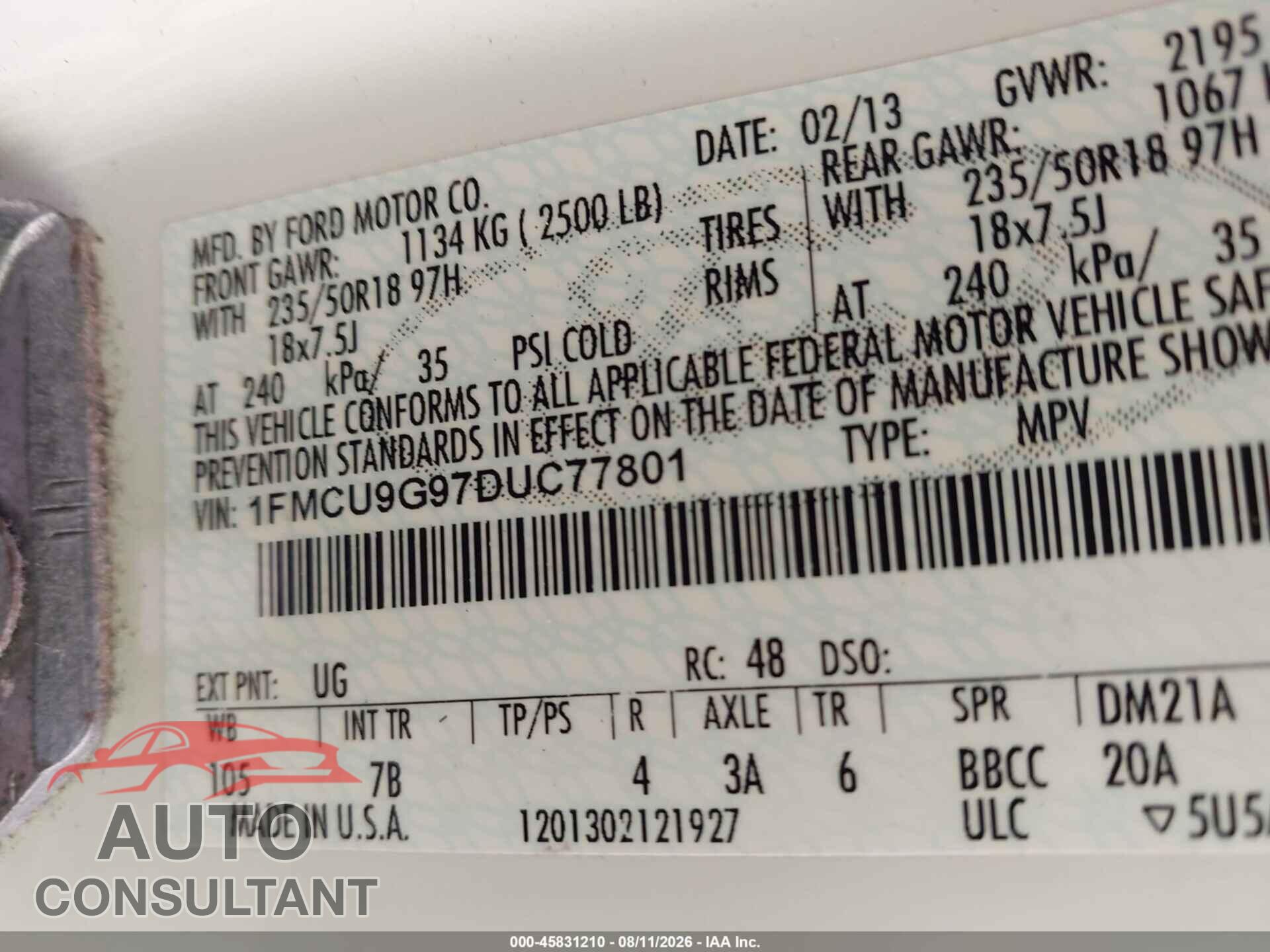FORD ESCAPE 2013 - 1FMCU9G97DUC77801