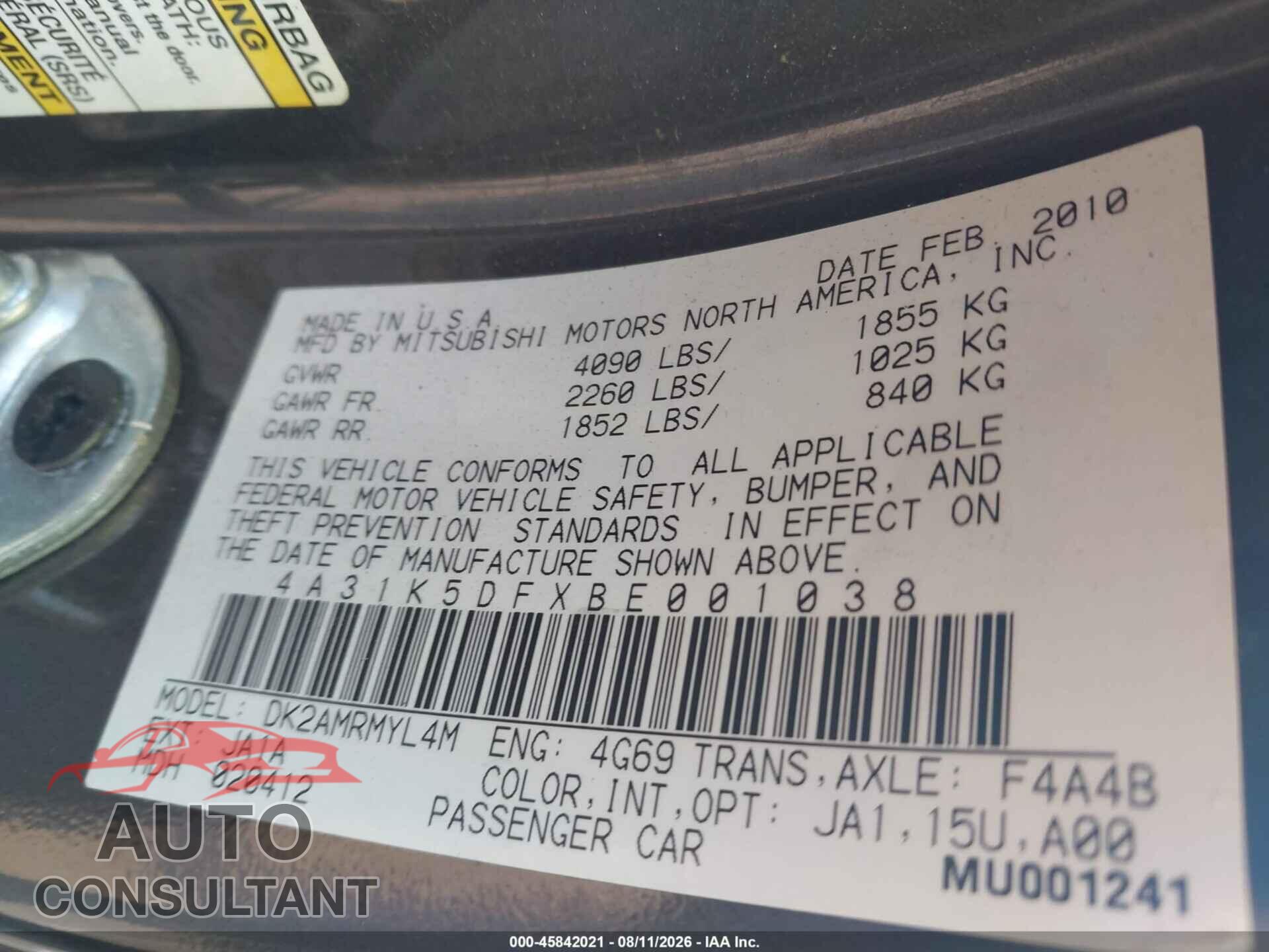 MITSUBISHI ECLIPSE 2011 - 4A31K5DFXBE001038