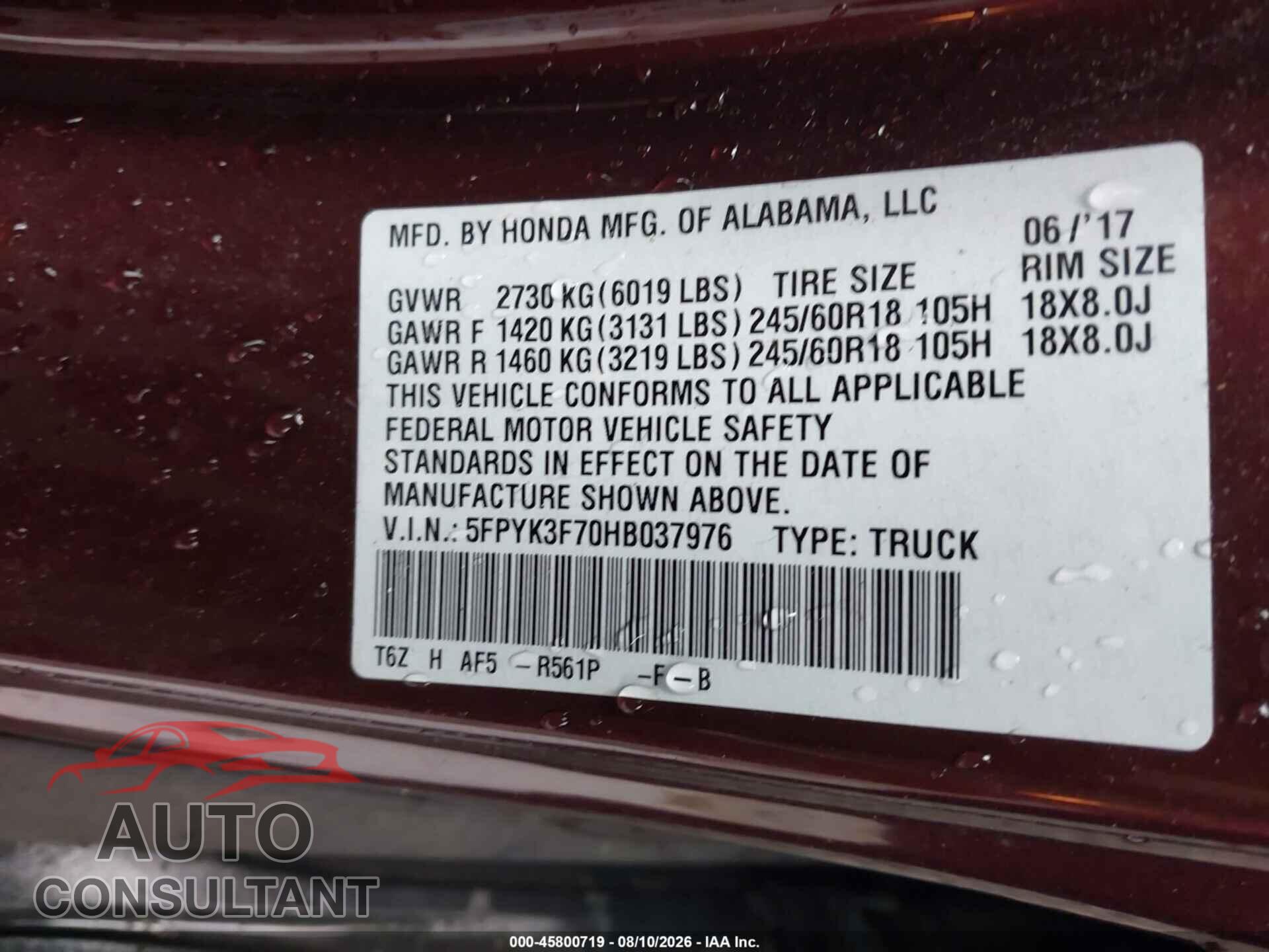 HONDA RIDGELINE 2017 - 5FPYK3F70HB037976