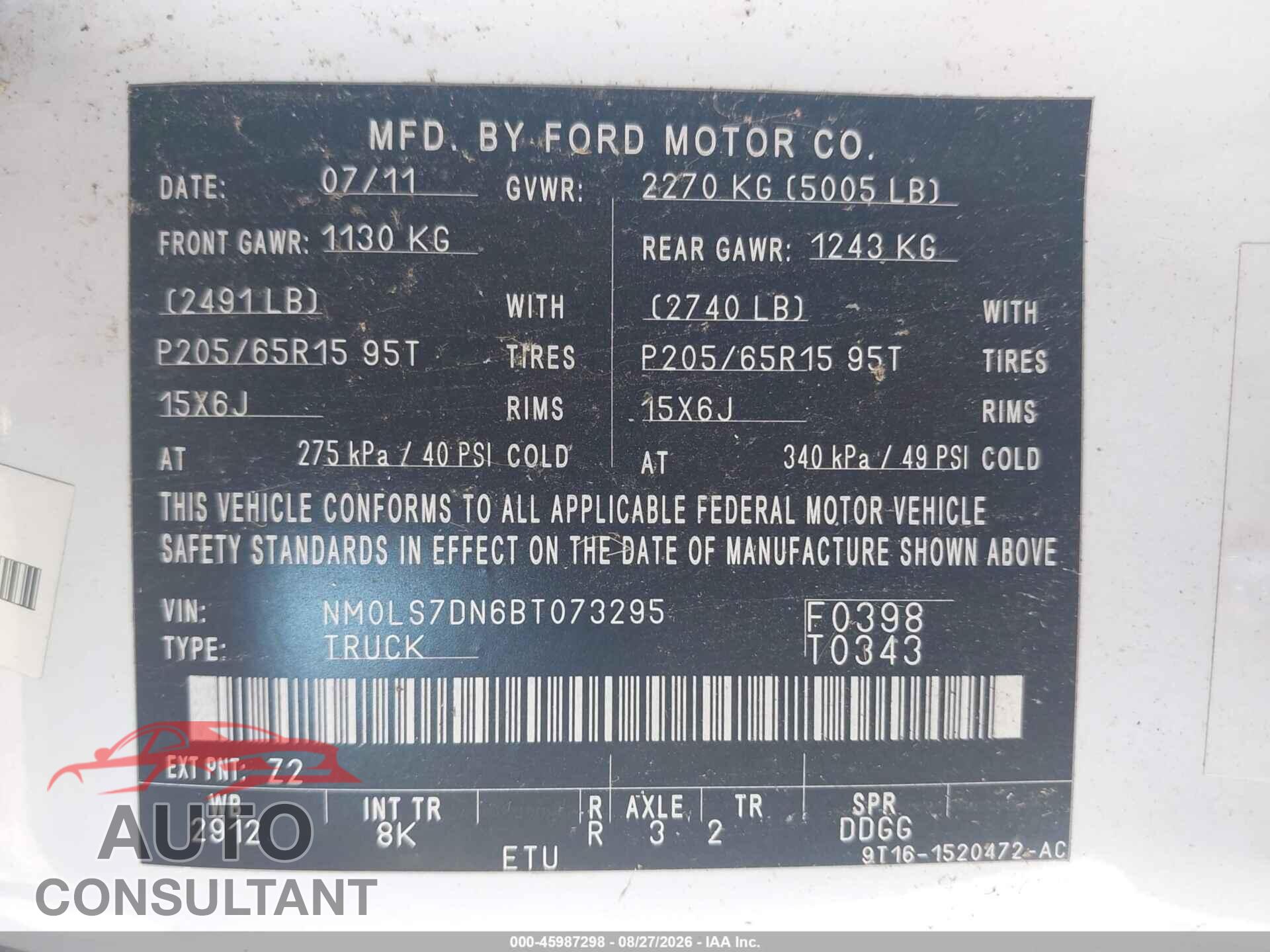 FORD TRANSIT CONNECT 2011 - NM0LS7DN6BT073295