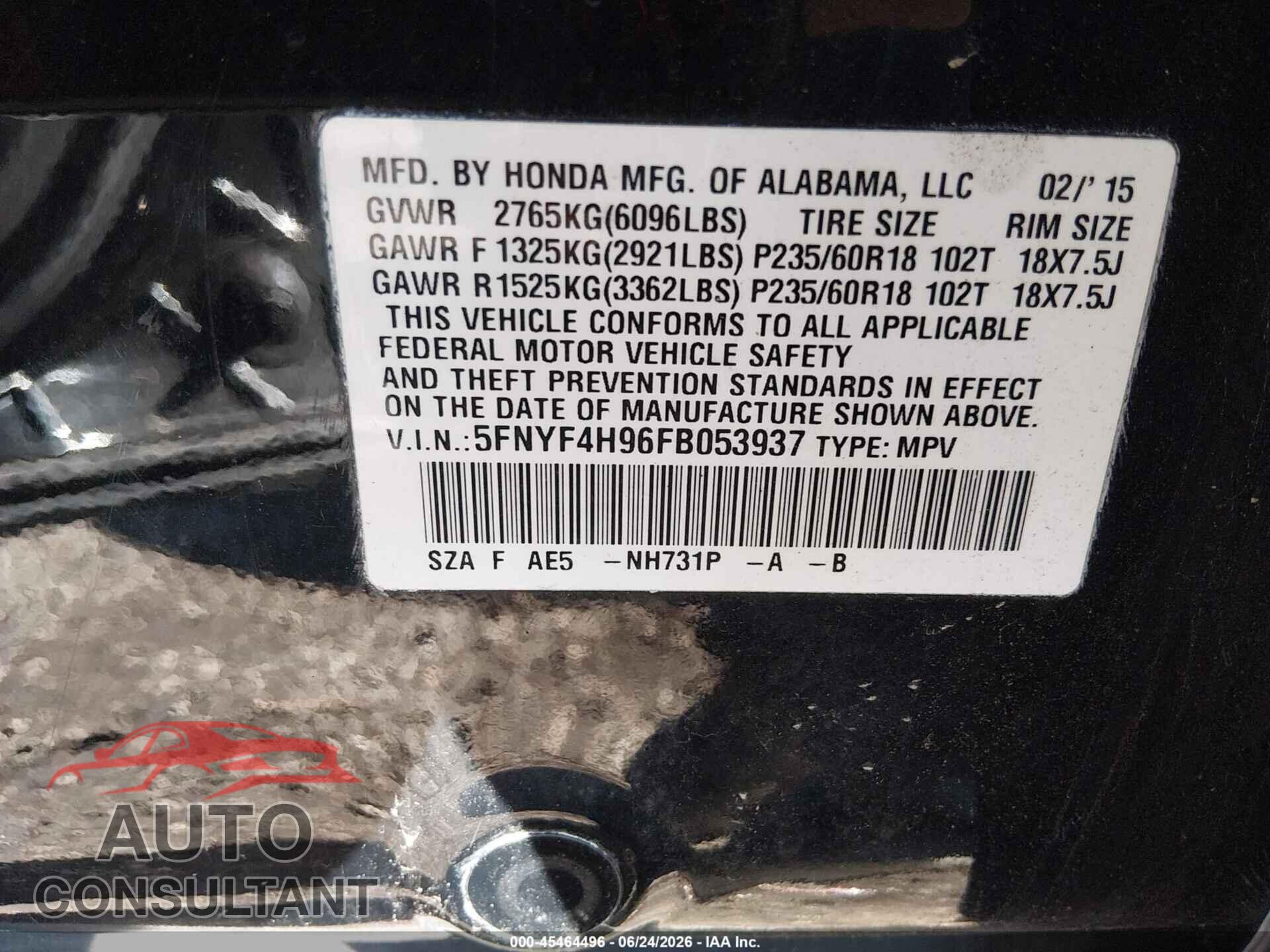 HONDA PILOT 2015 - 5FNYF4H96FB053937