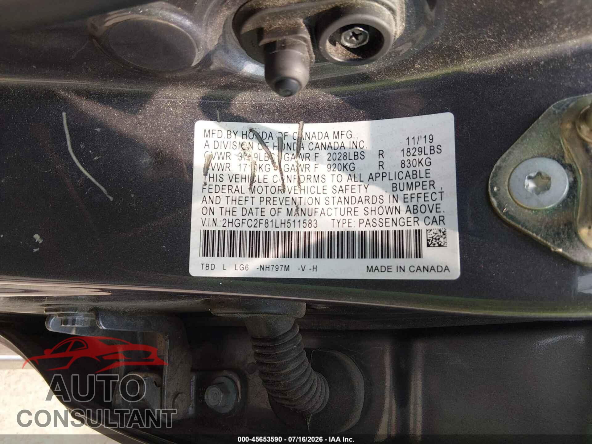 HONDA CIVIC 2020 - 2HGFC2F81LH511583