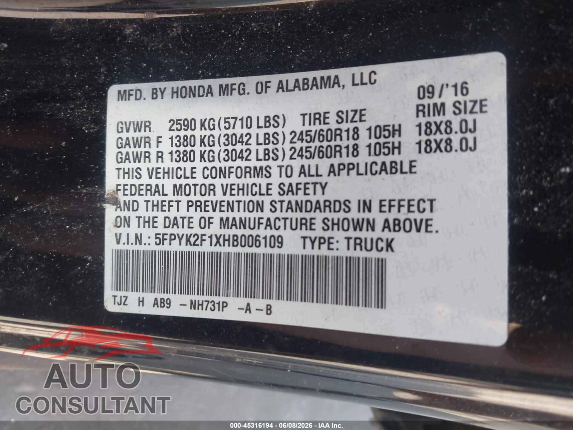 HONDA RIDGELINE 2017 - 5FPYK2F1XHB006109