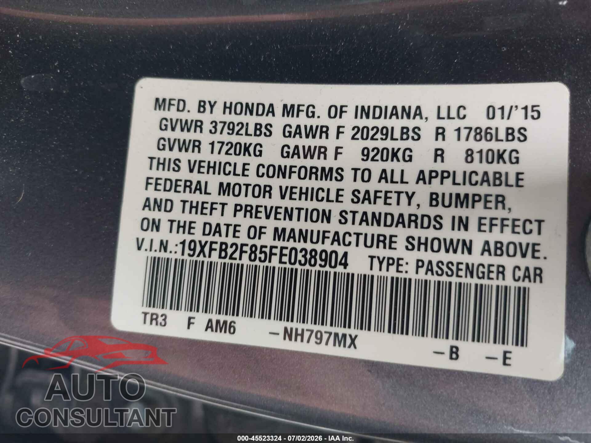 HONDA CIVIC 2015 - 19XFB2F85FE038904