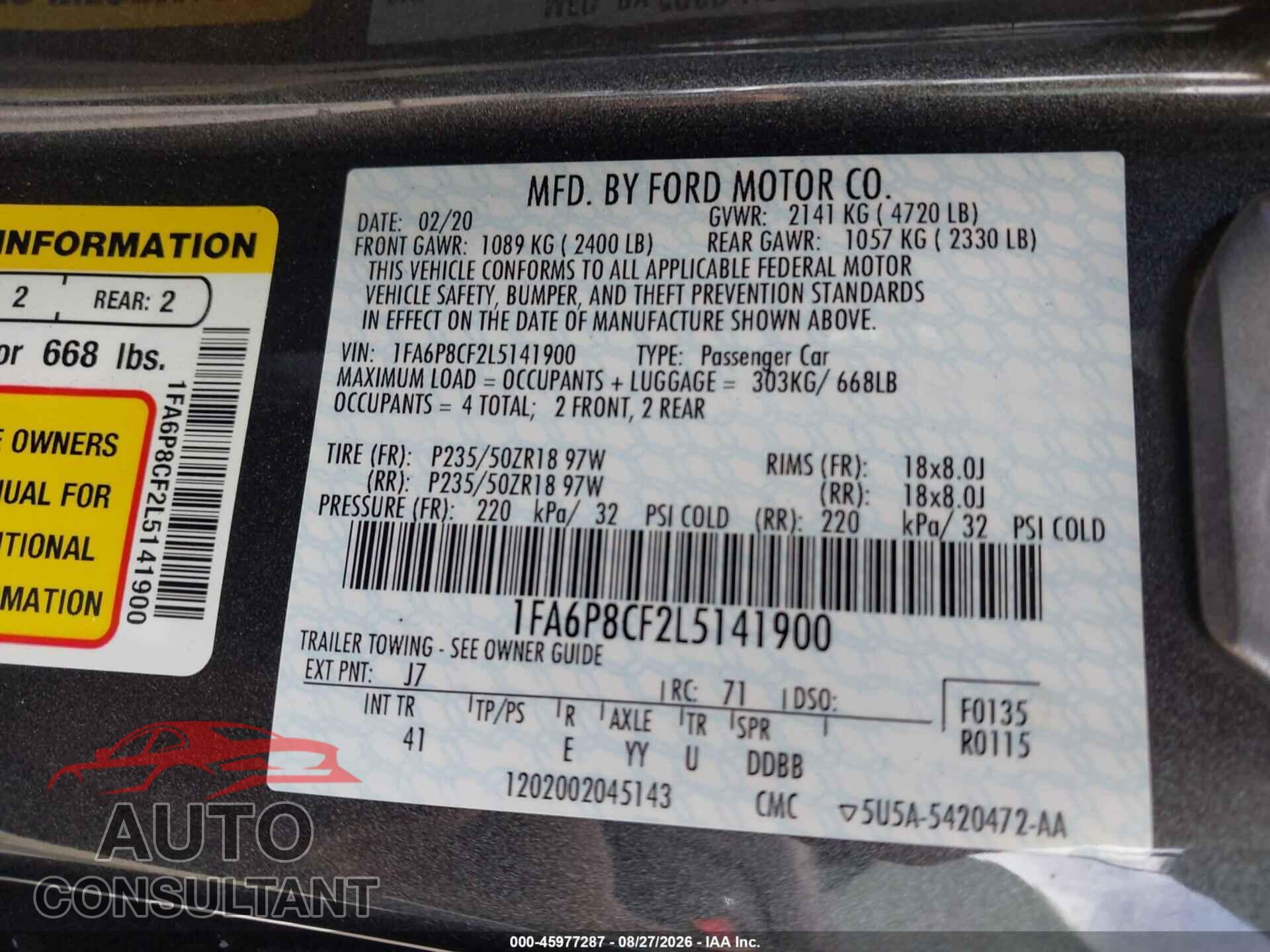 FORD MUSTANG 2020 - 1FA6P8CF2L5141900