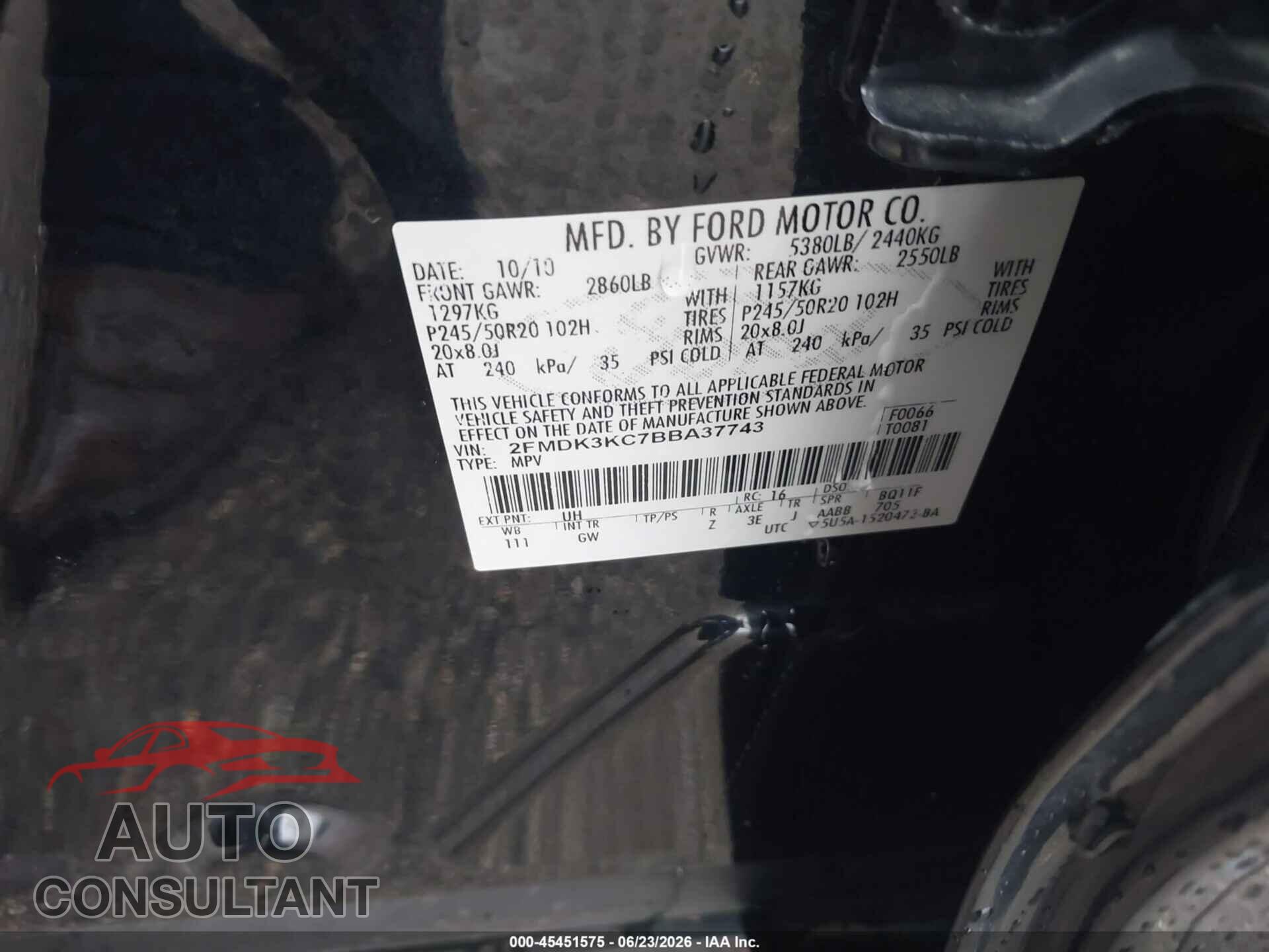 FORD EDGE 2011 - 2FMDK3KC7BBA37743