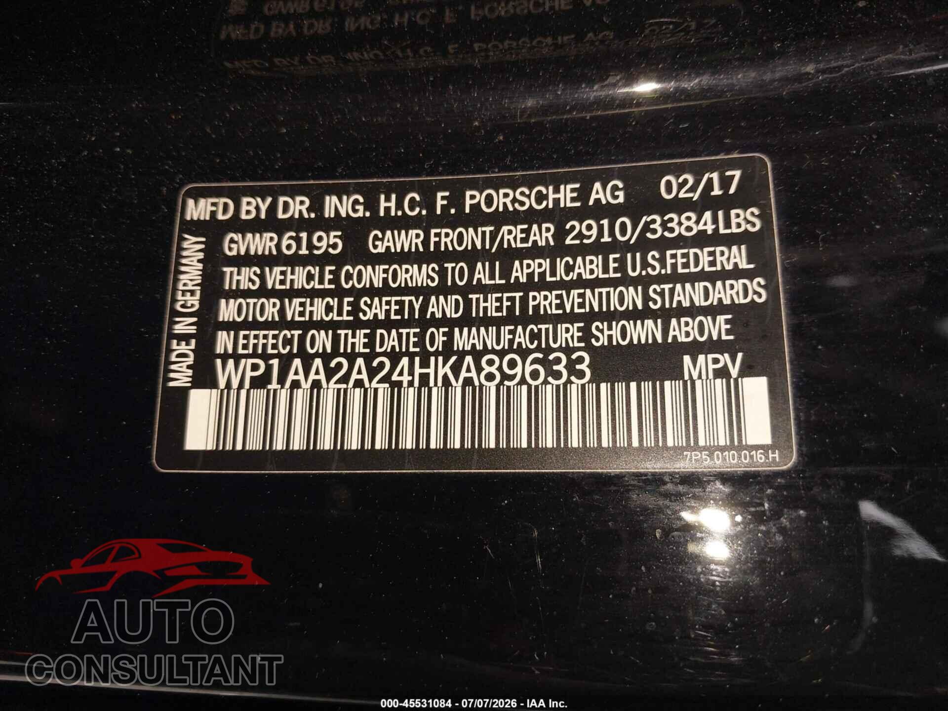 PORSCHE CAYENNE 2017 - WP1AA2A24HKA89633