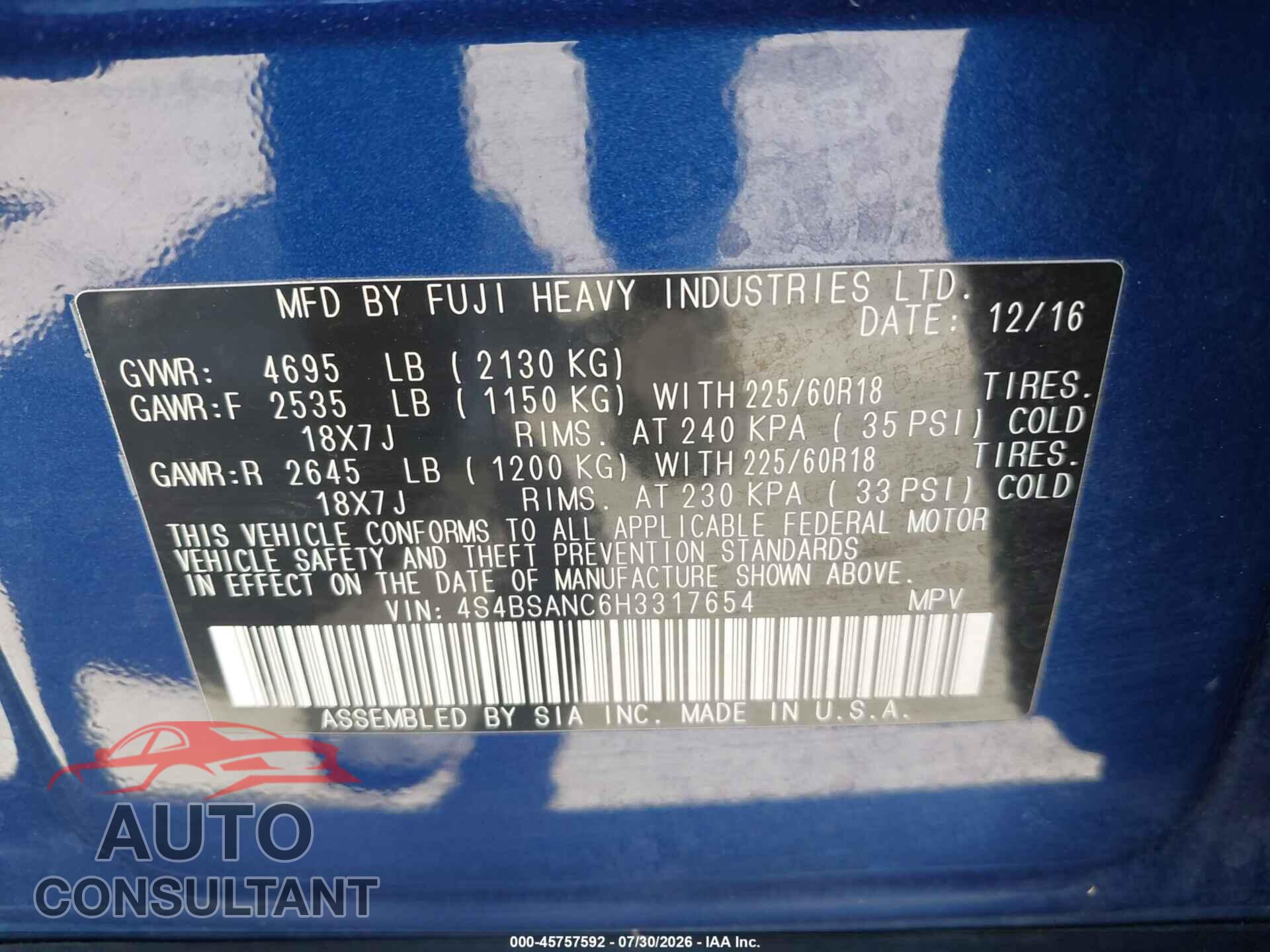 SUBARU OUTBACK 2017 - 4S4BSANC6H3317654