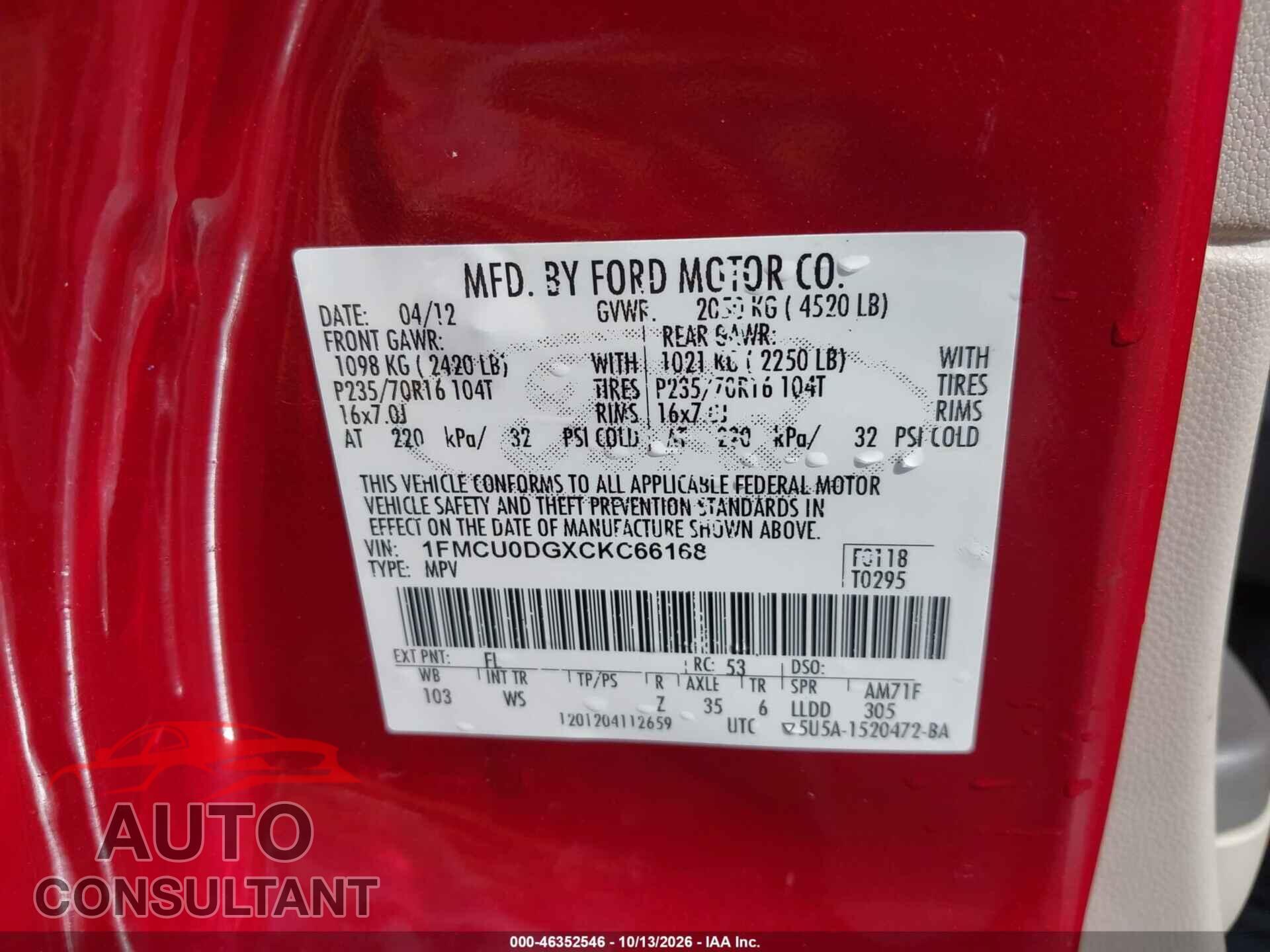 FORD ESCAPE 2012 - 1FMCU0DGXCKC66168
