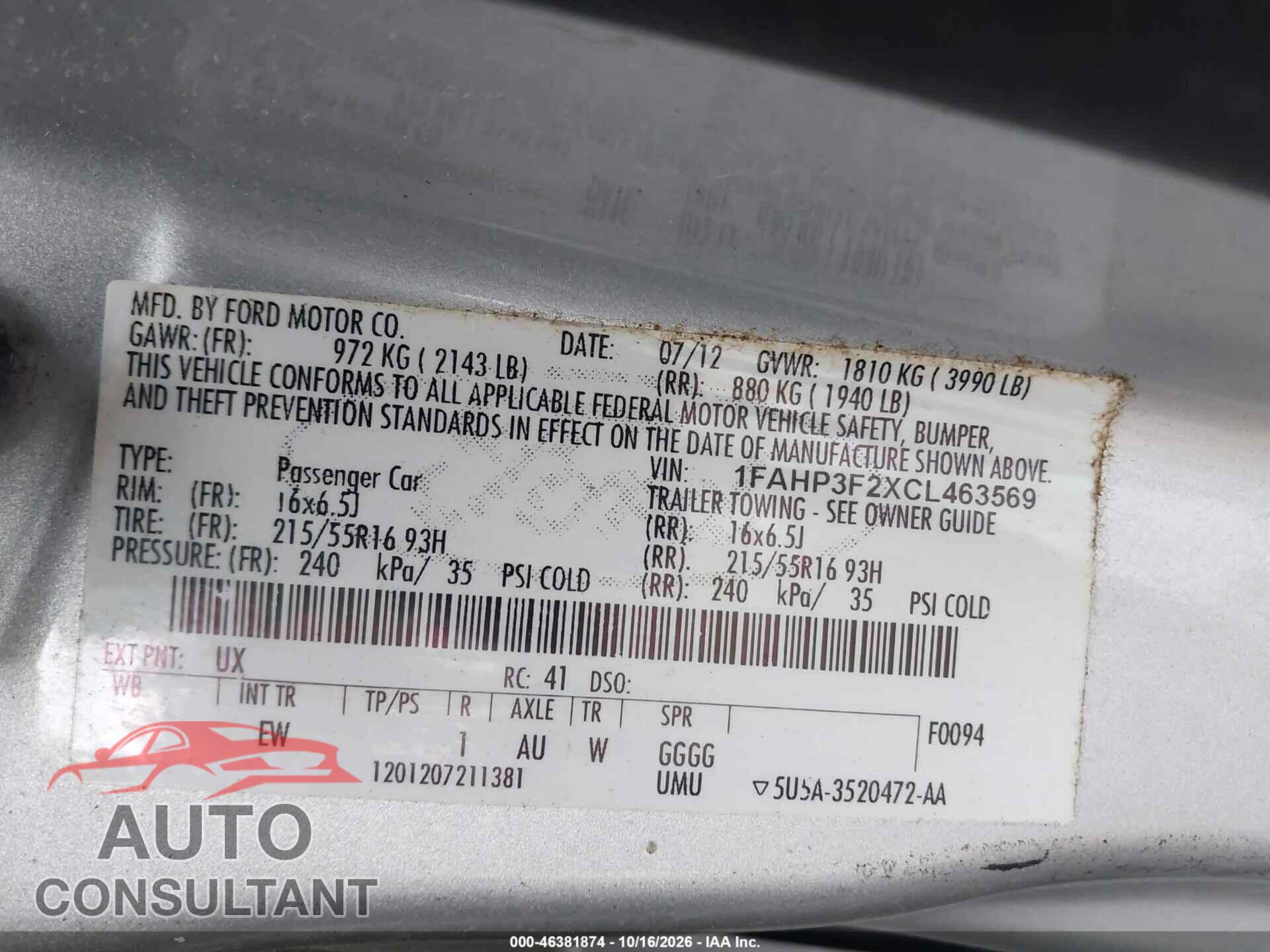 FORD FOCUS 2012 - 1FAHP3F2XCL463569
