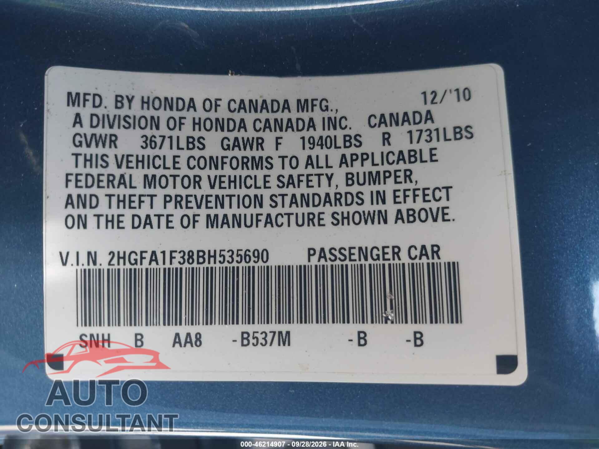 HONDA CIVIC 2011 - 2HGFA1F38BH535690