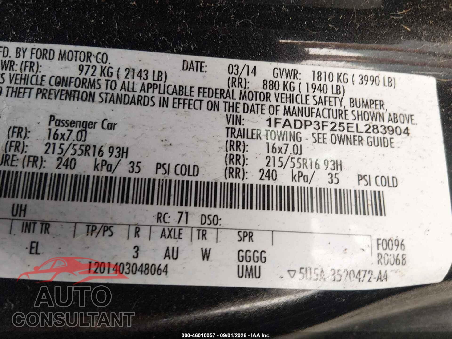 FORD FOCUS 2014 - 1FADP3F25EL283904