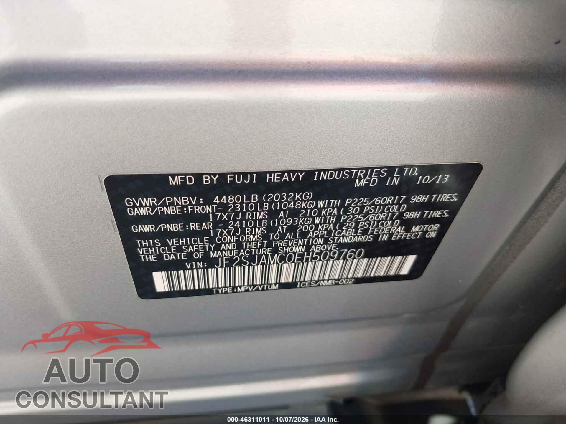 SUBARU FORESTER 2014 - JF2SJAMC0EH509760
