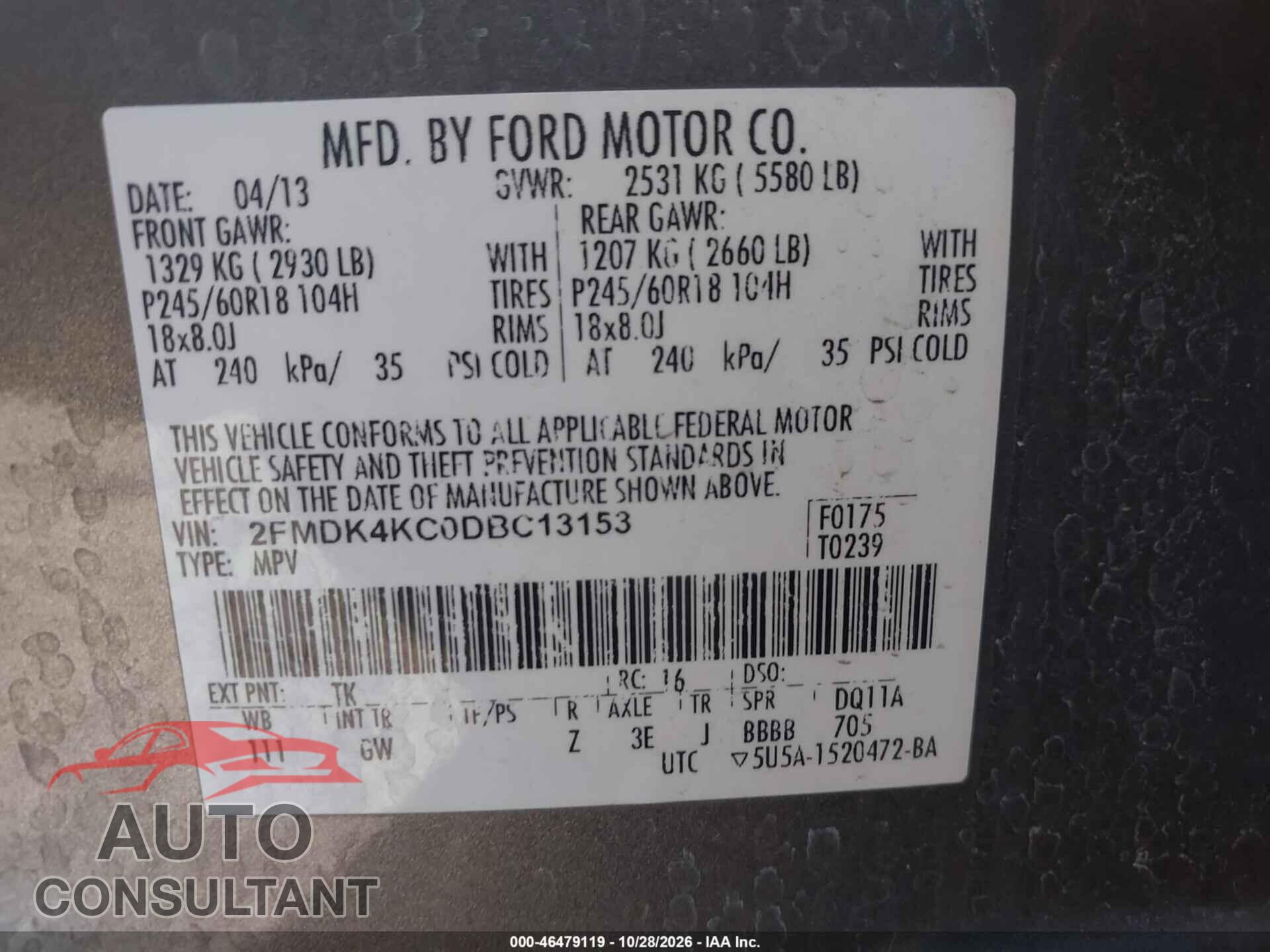 FORD EDGE 2013 - 2FMDK4KC0DBC13153