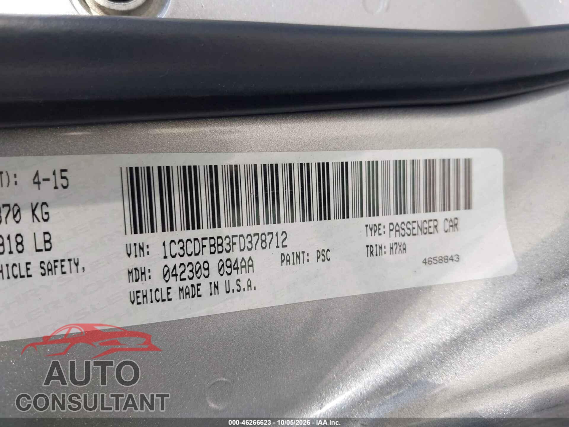 DODGE DART 2015 - 1C3CDFBB3FD378712