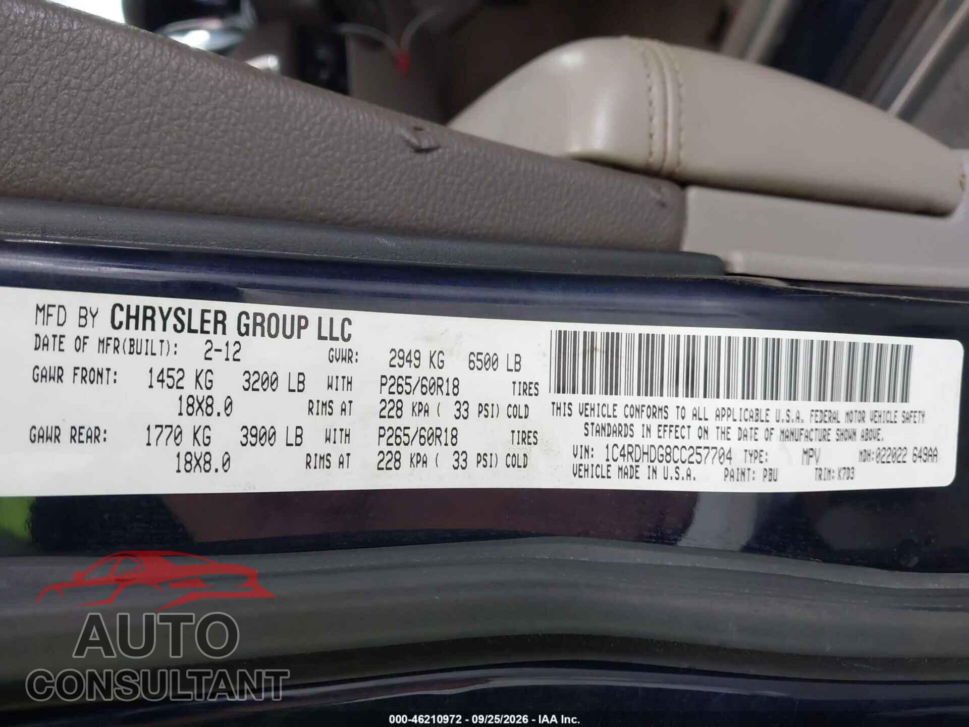 DODGE DURANGO 2012 - 1C4RDHDG8CC257704