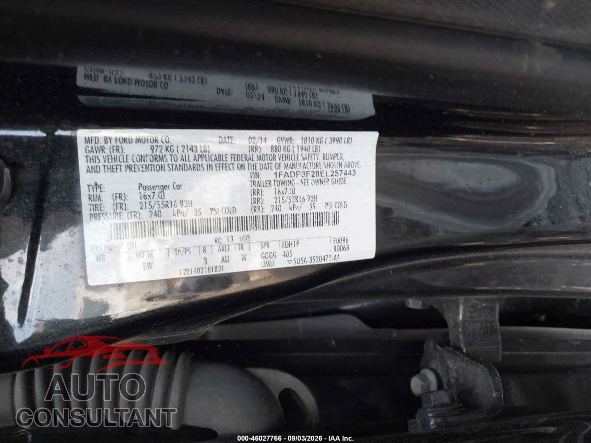 FORD FOCUS 2014 - 1FADP3F28EL257443