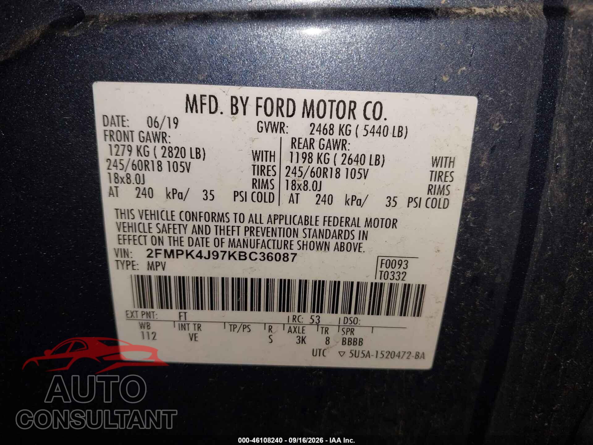 FORD EDGE 2019 - 2FMPK4J97KBC36087