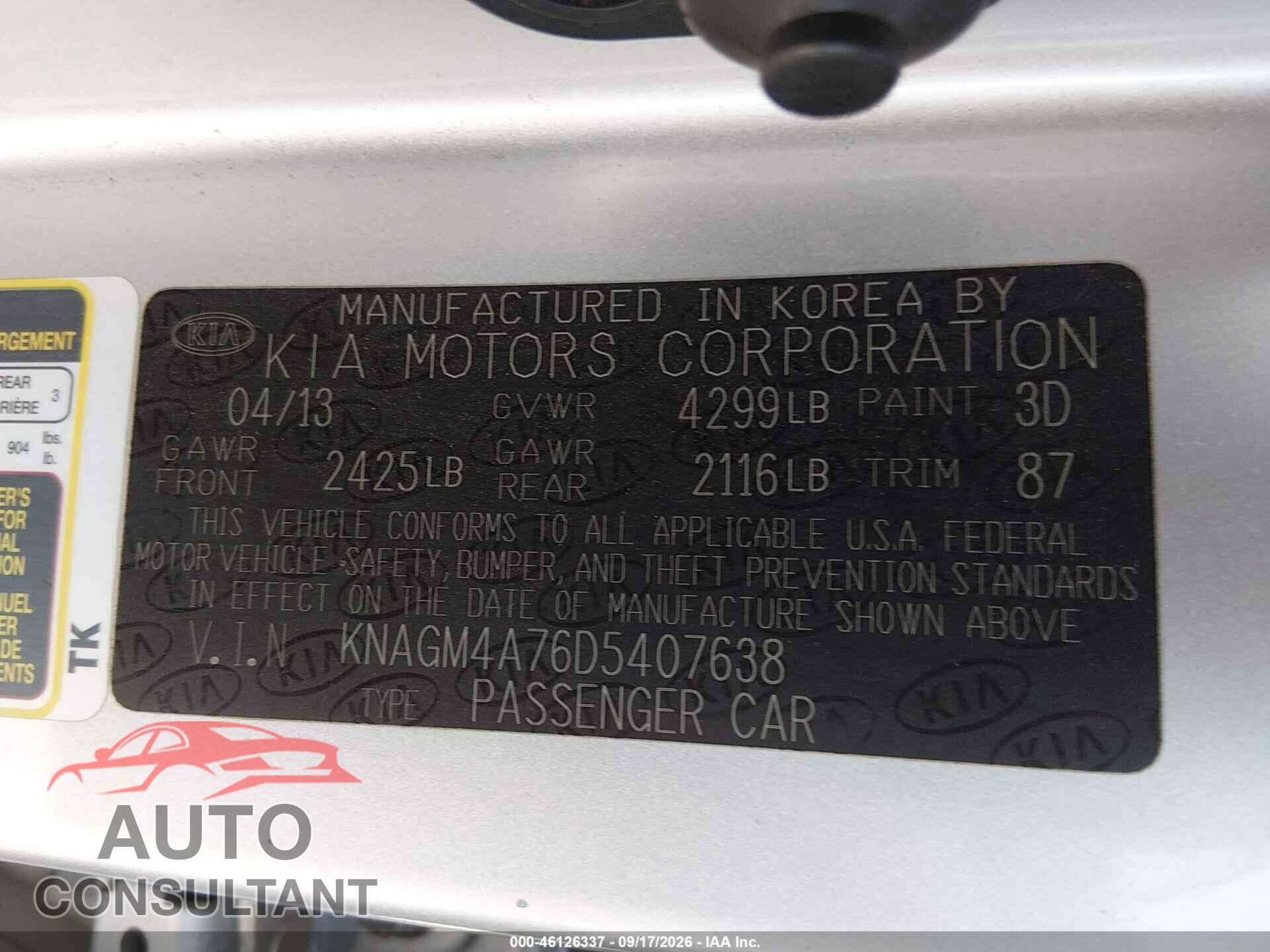 KIA OPTIMA 2013 - KNAGM4A76D5407638
