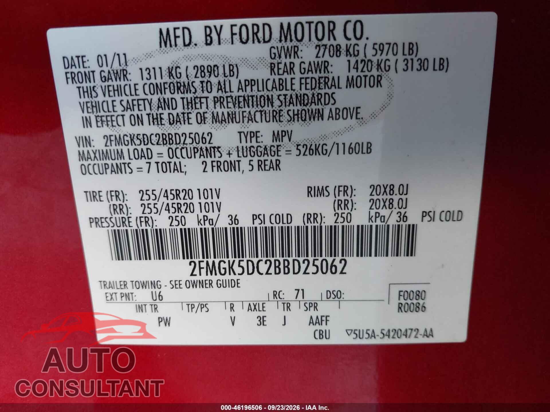 FORD FLEX 2011 - 2FMGK5DC2BBD25062