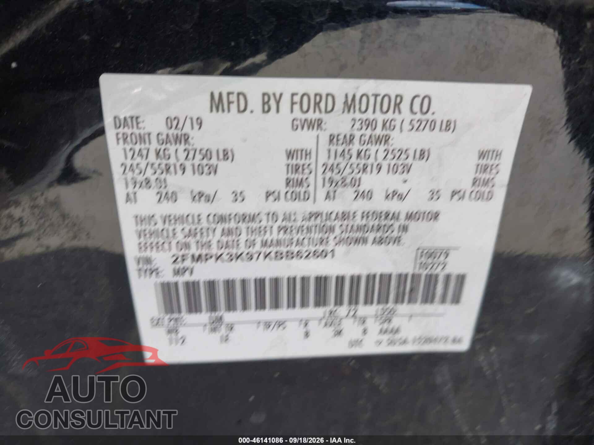 FORD EDGE 2019 - 2FMPK3K97KBB62601