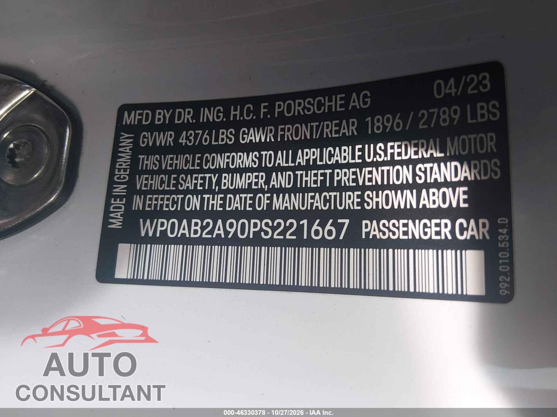 PORSCHE 911 2023 - WP0AB2A90PS221667