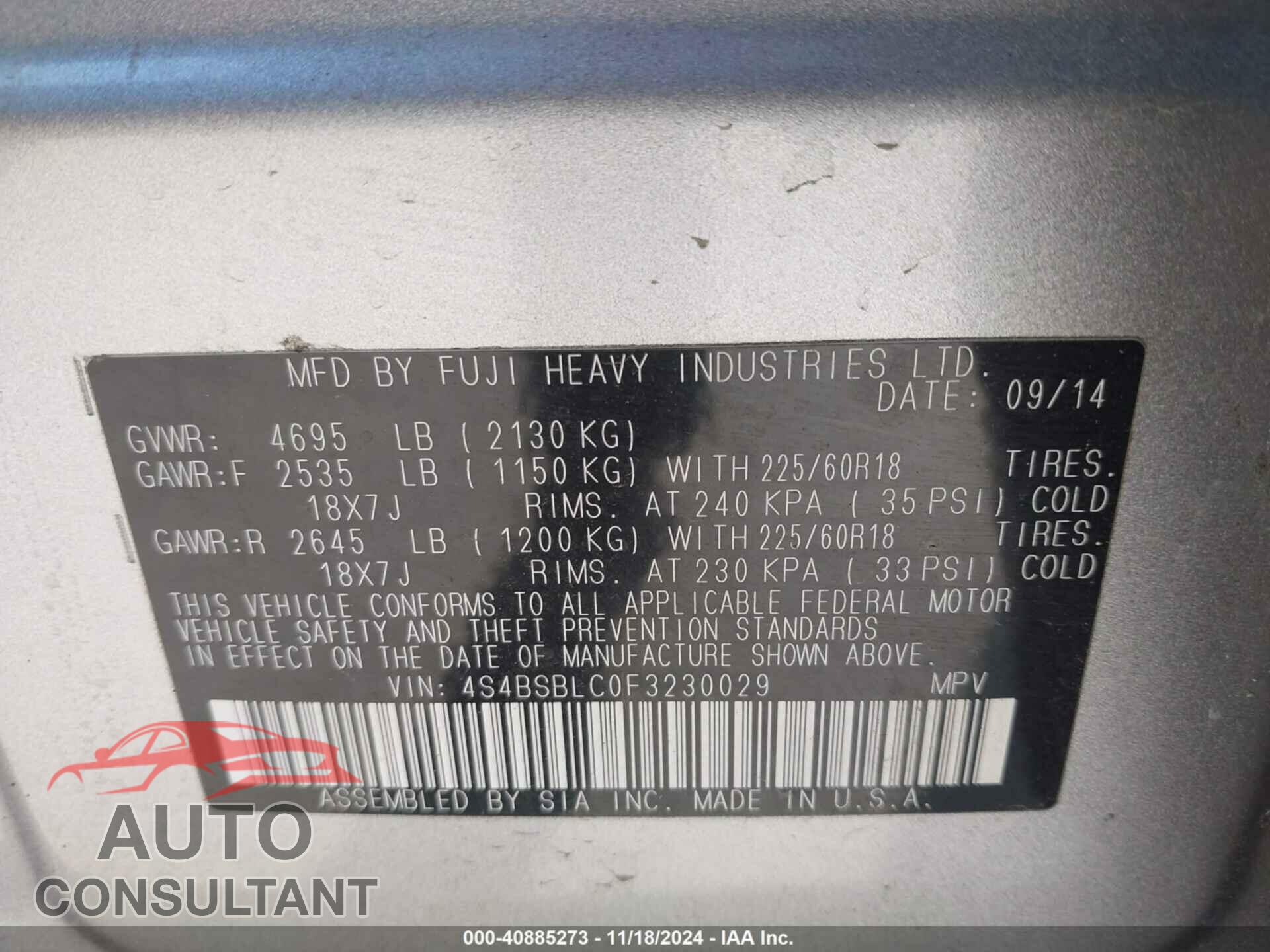 SUBARU OUTBACK 2015 - 4S4BSBLC0F3230029