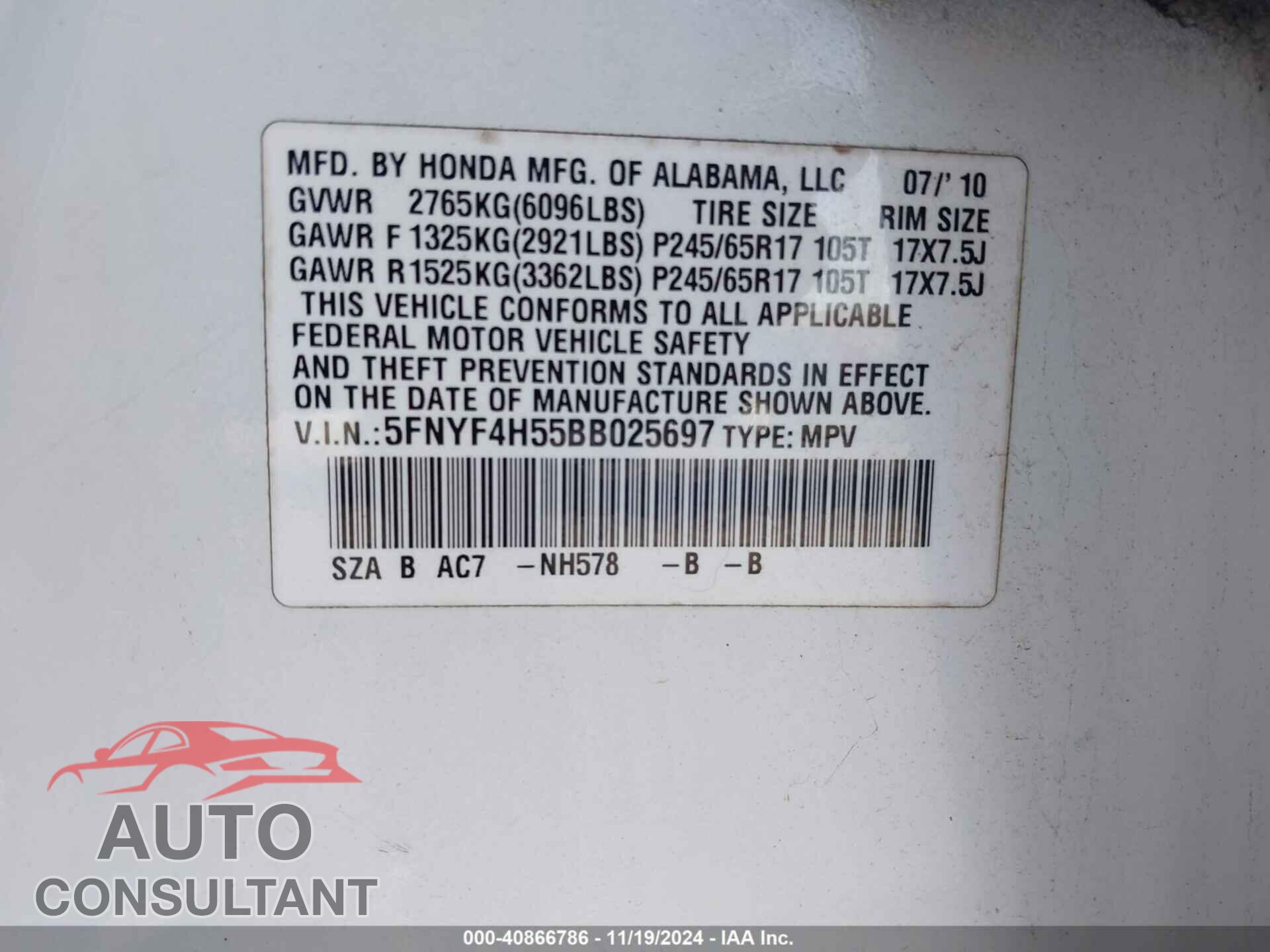 HONDA PILOT 2011 - 5FNYF4H55BB025697