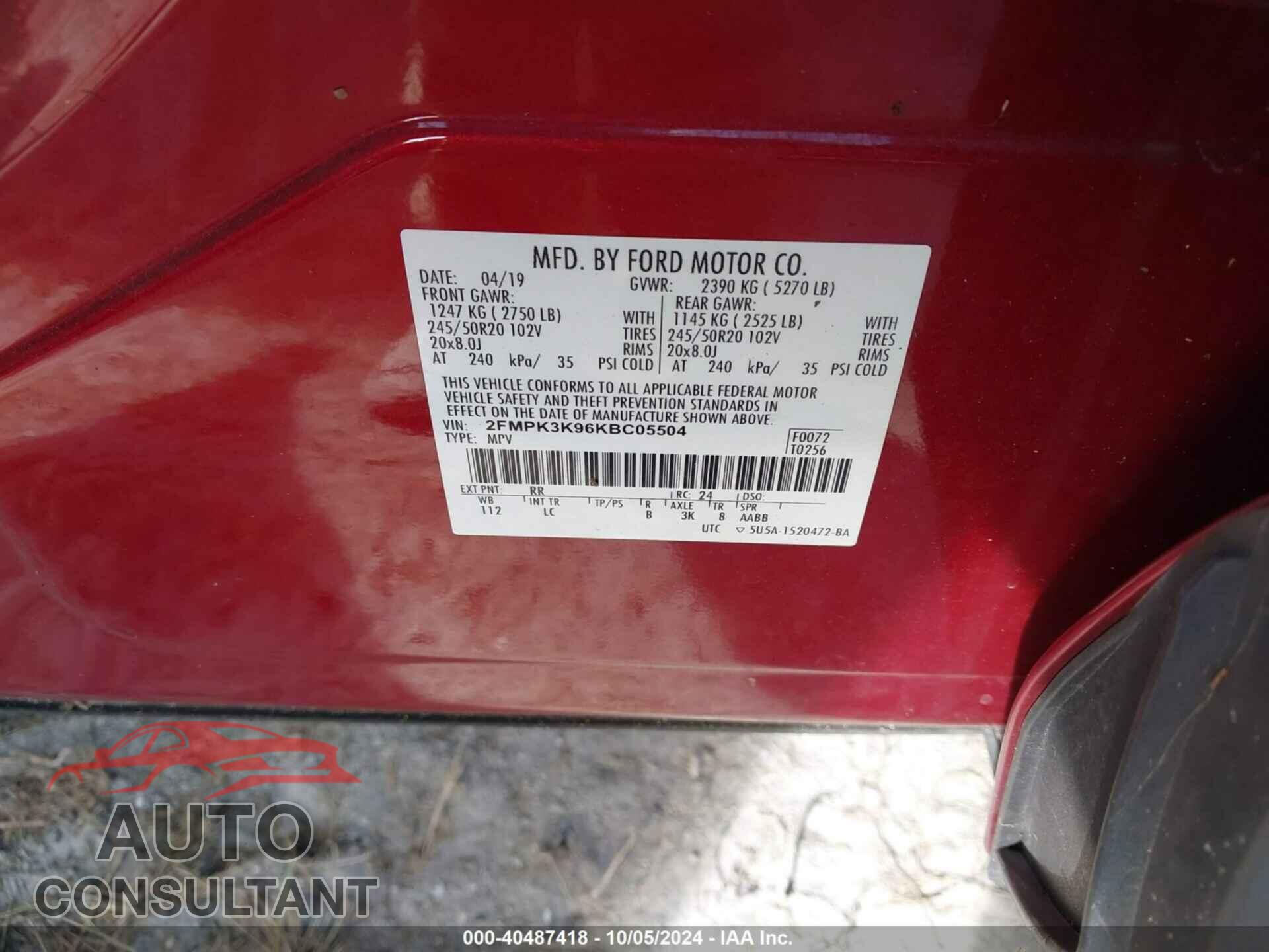 FORD EDGE 2019 - 2FMPK3K96KBC05504