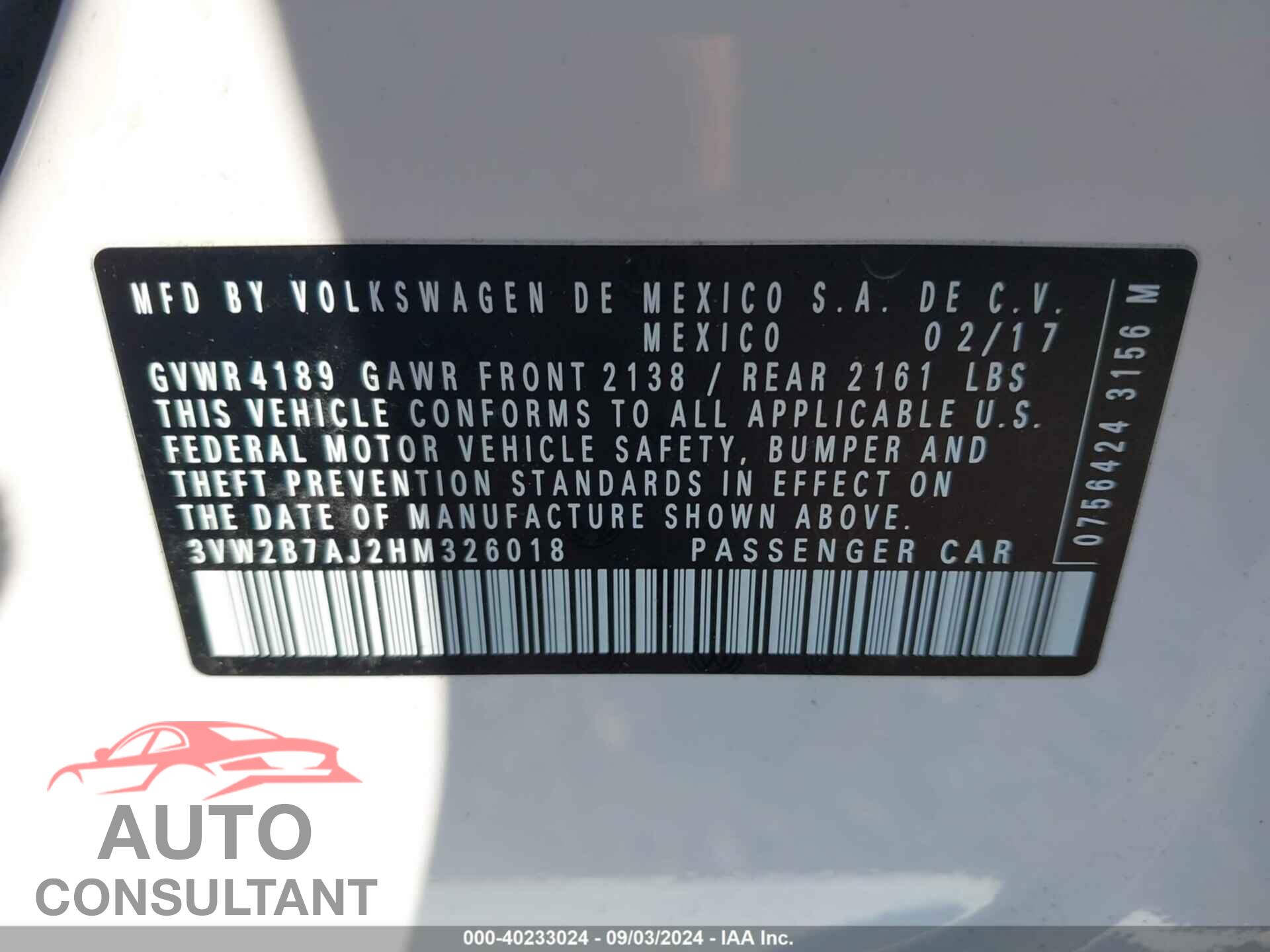 VOLKSWAGEN JETTA 2017 - 3VW2B7AJ2HM326018