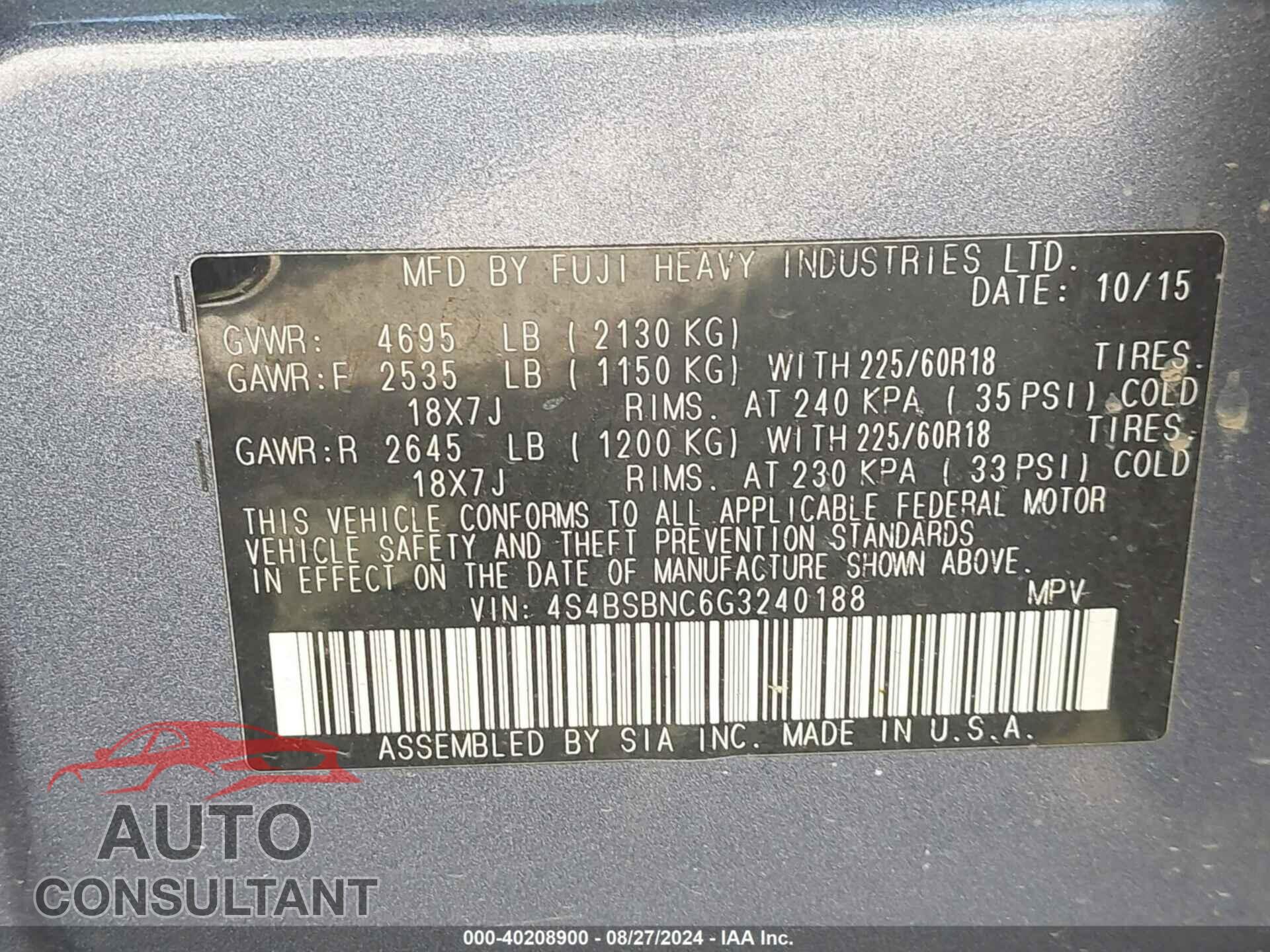 SUBARU OUTBACK 2016 - 4S4BSBNC6G3240188