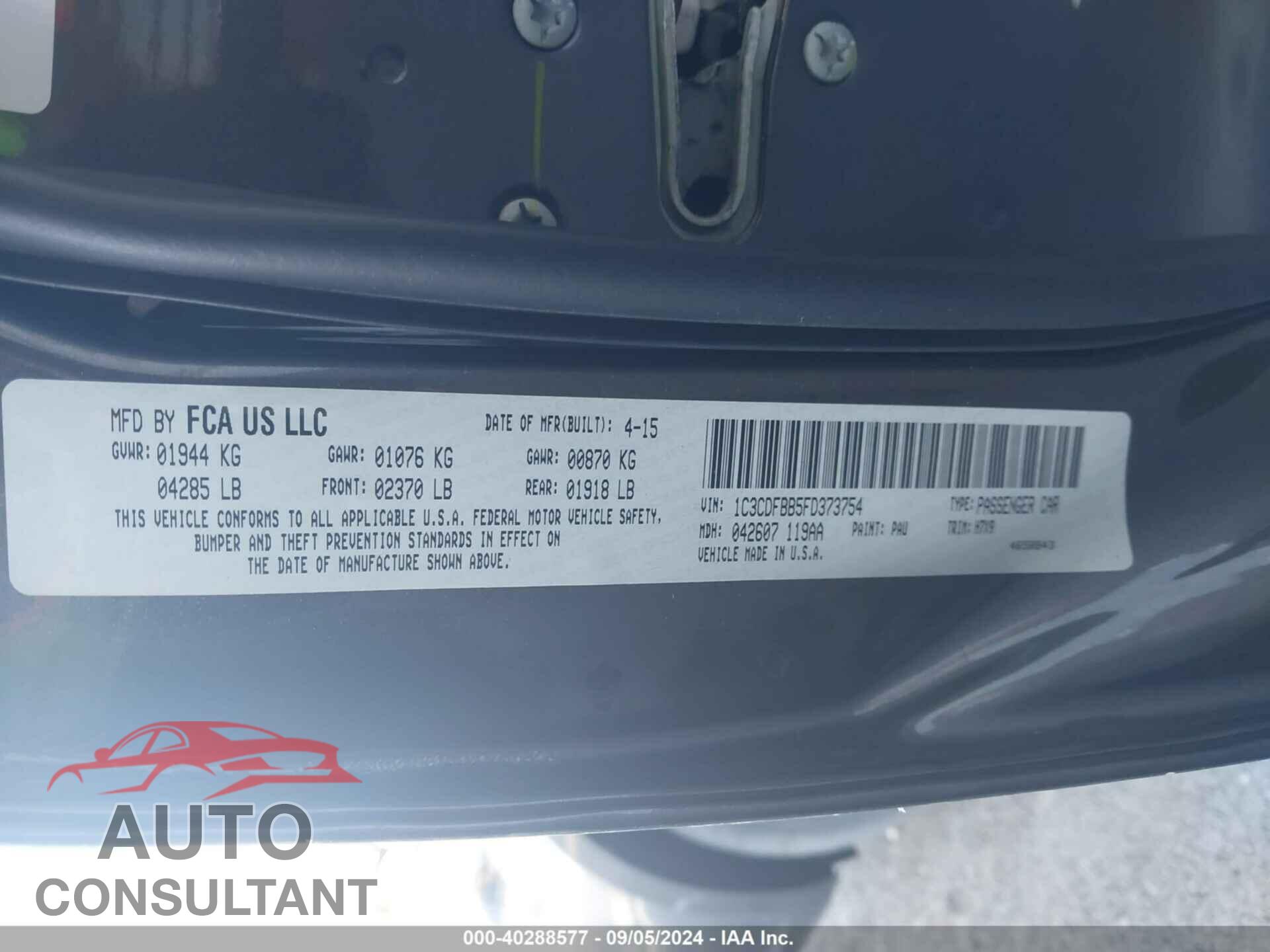 DODGE DART 2015 - 1C3CDFBB5FD373754