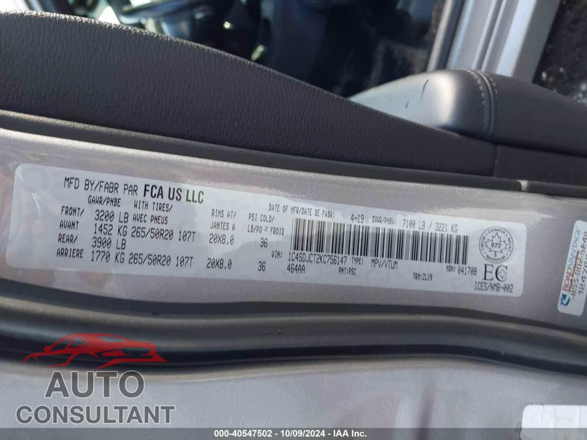 DODGE DURANGO 2019 - 1C4SDJCT2KC756147