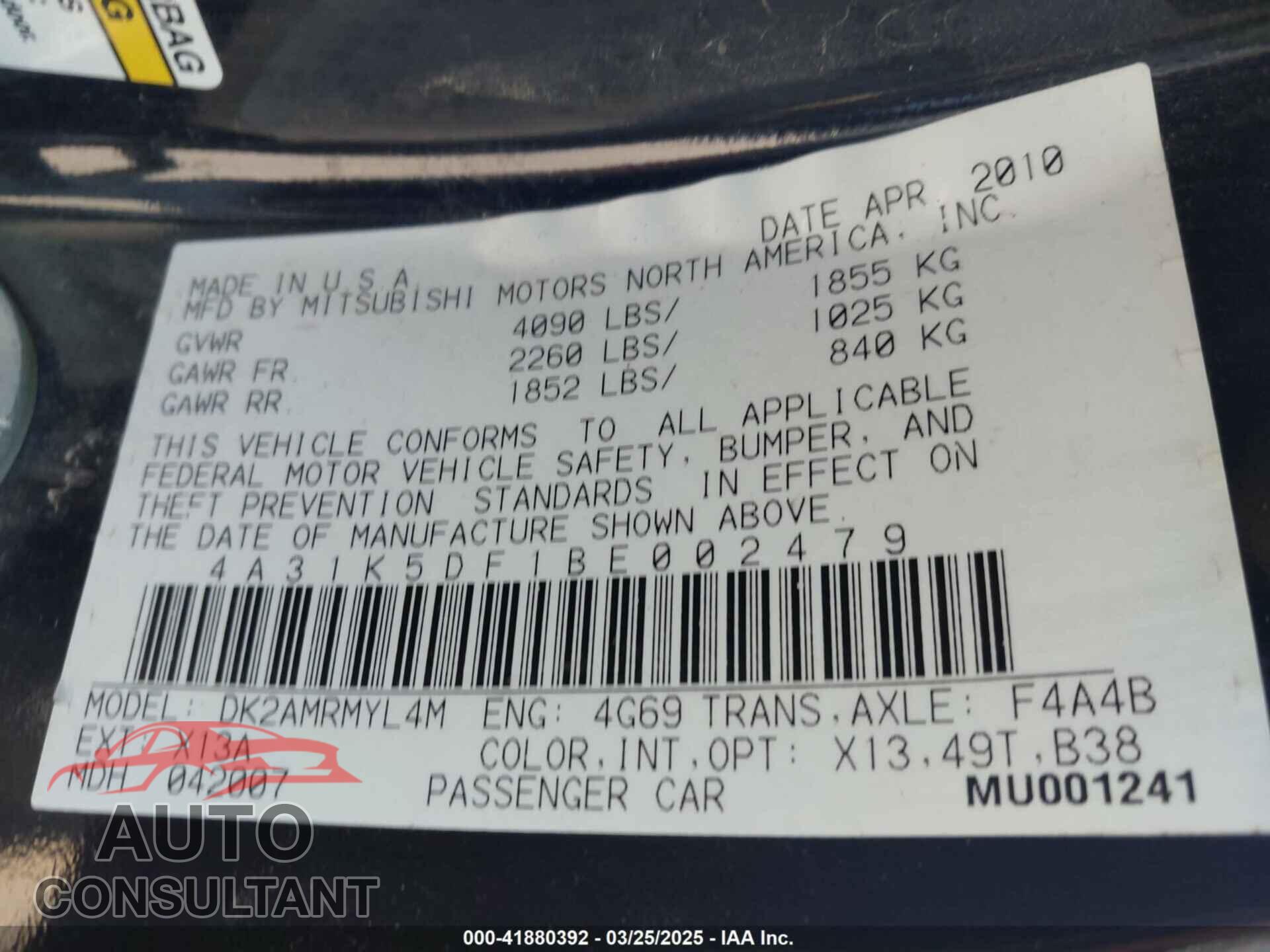 MITSUBISHI ECLIPSE 2011 - 4A31K5DF1BE002479