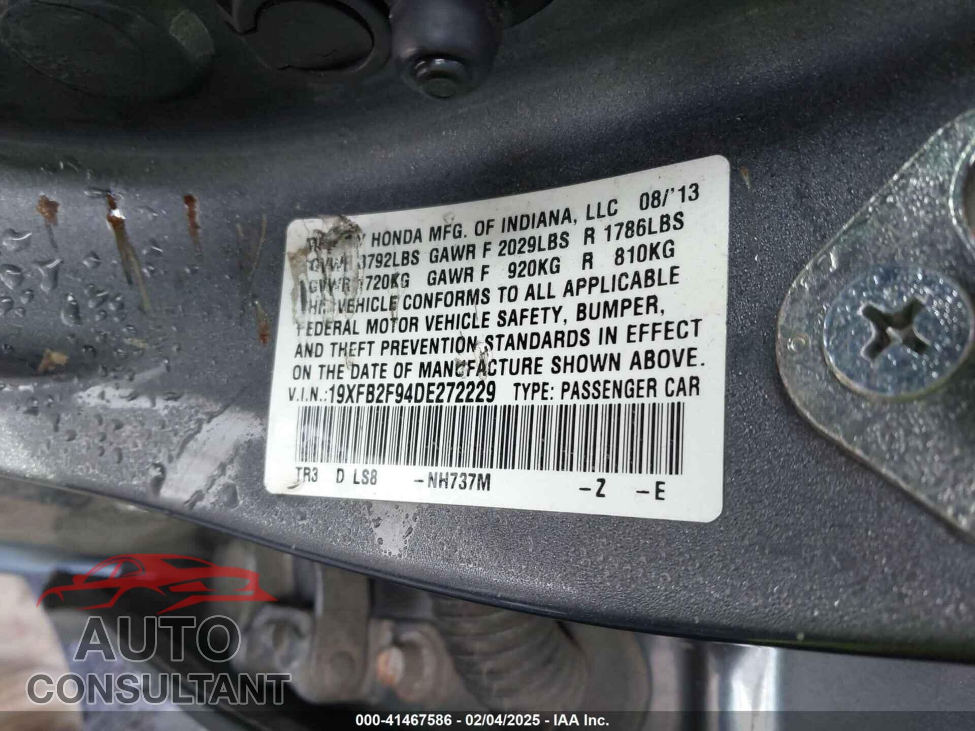 HONDA CIVIC 2013 - 19XFB2F94DE272229
