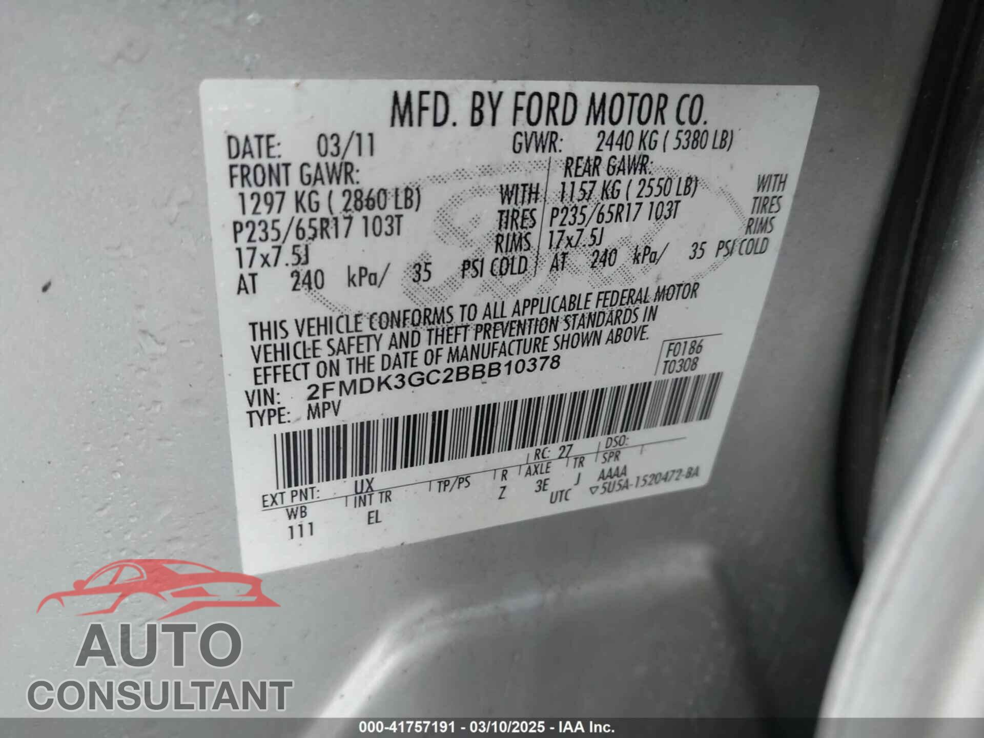 FORD EDGE 2011 - 2FMDK3GC2BBB10378
