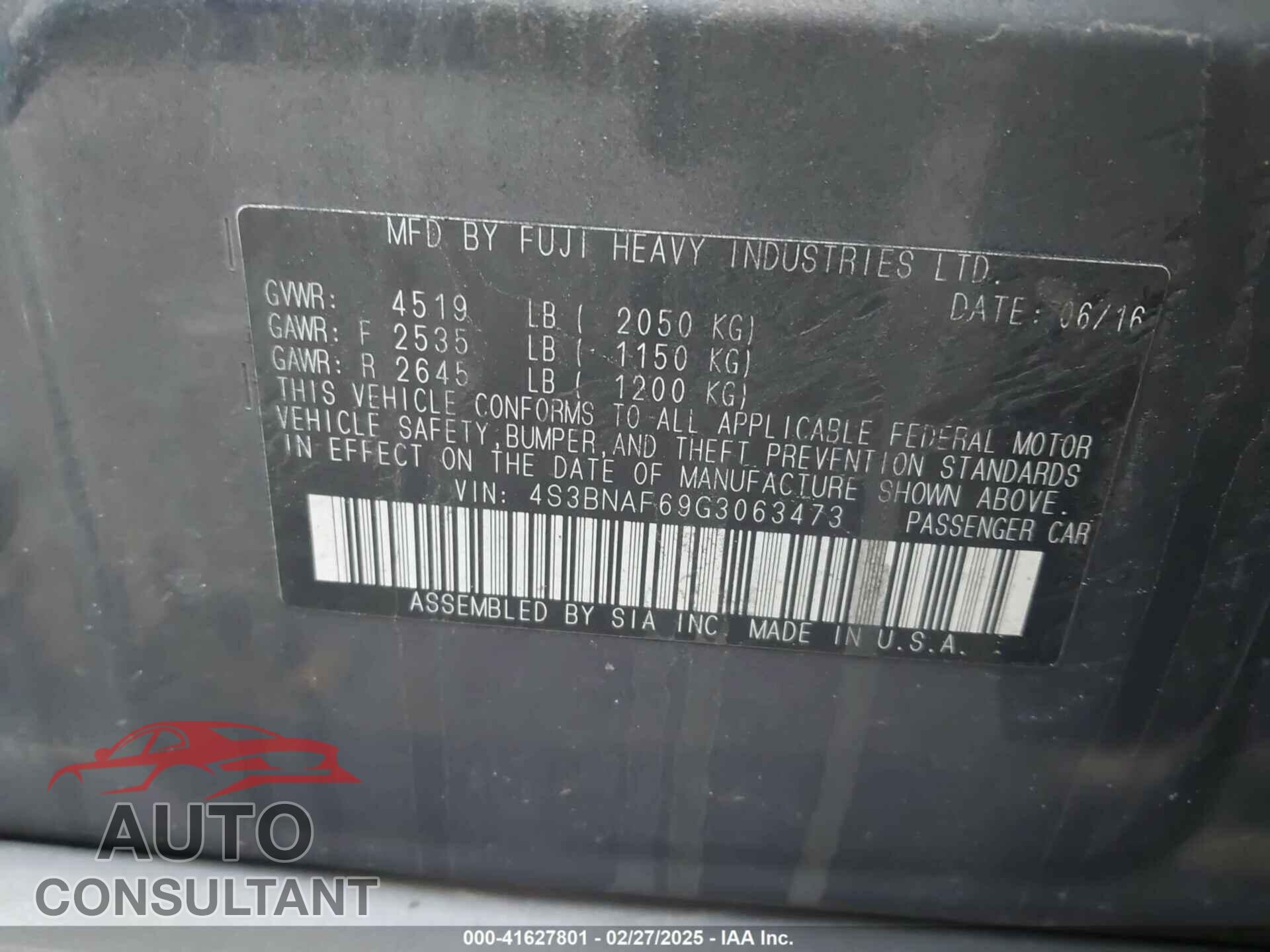 SUBARU LEGACY 2016 - 4S3BNAF69G3063473