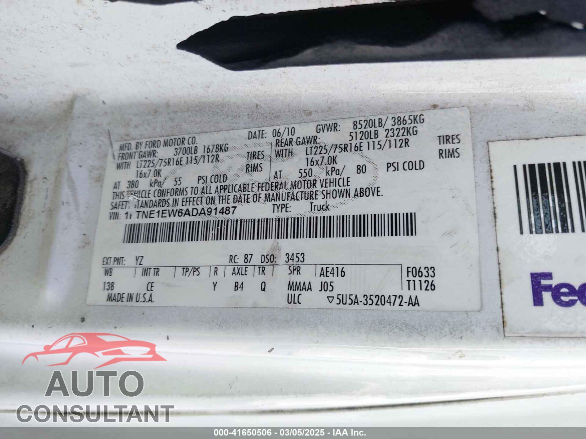 FORD E-150 2010 - 1FTNE1EW6ADA91487