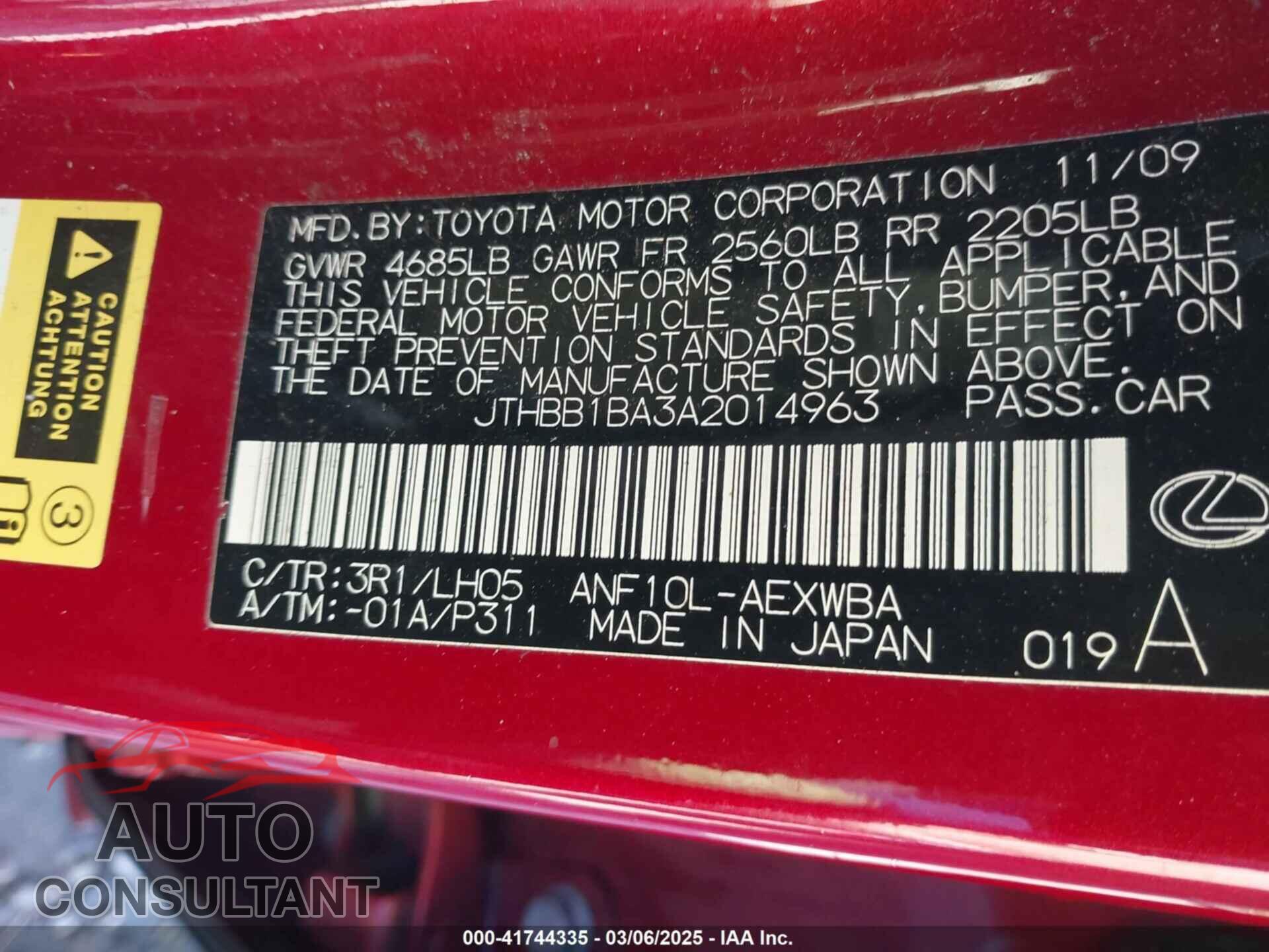 LEXUS HS 250H 2010 - JTHBB1BA3A2014963
