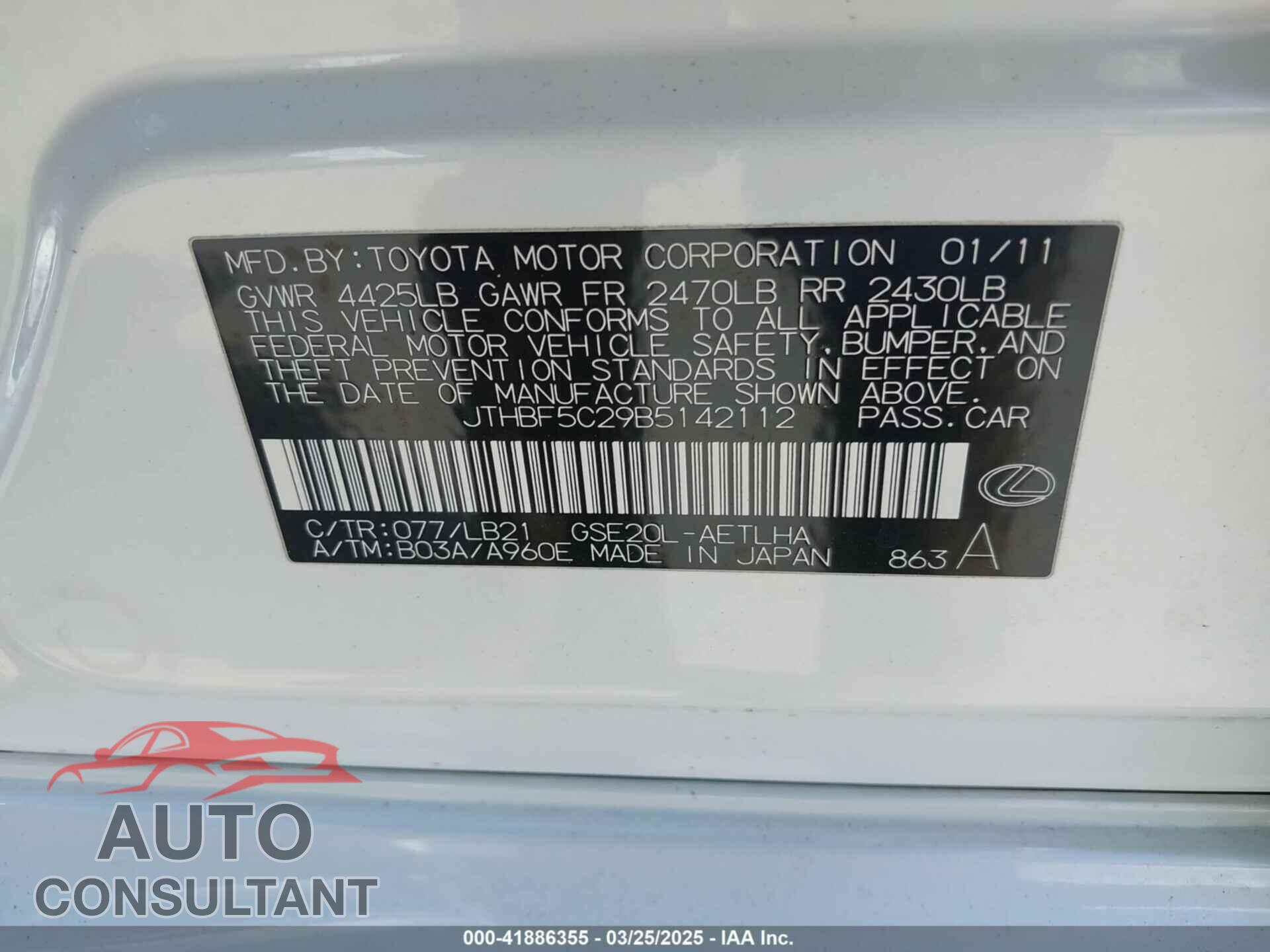 LEXUS IS 250 2011 - JTHBF5C29B5142112
