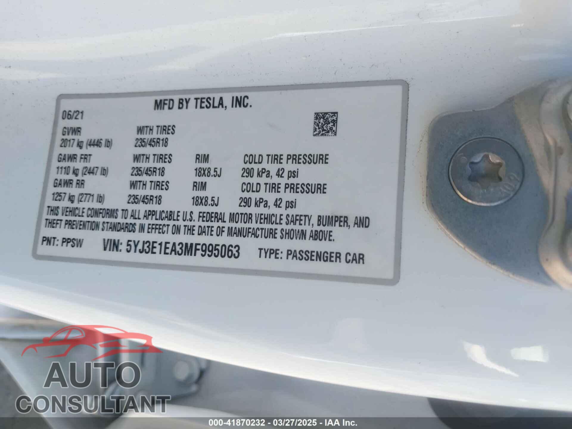 TESLA MODEL 3 2021 - 5YJ3E1EA3MF995063