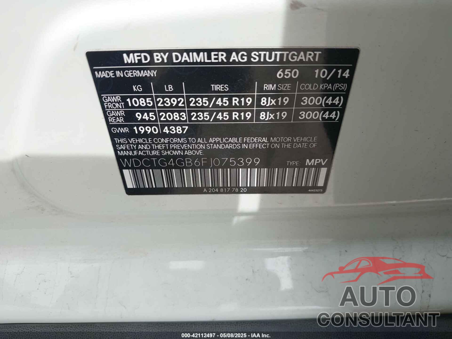 MERCEDES-BENZ GLA 250 2015 - WDCTG4GB6FJ075399