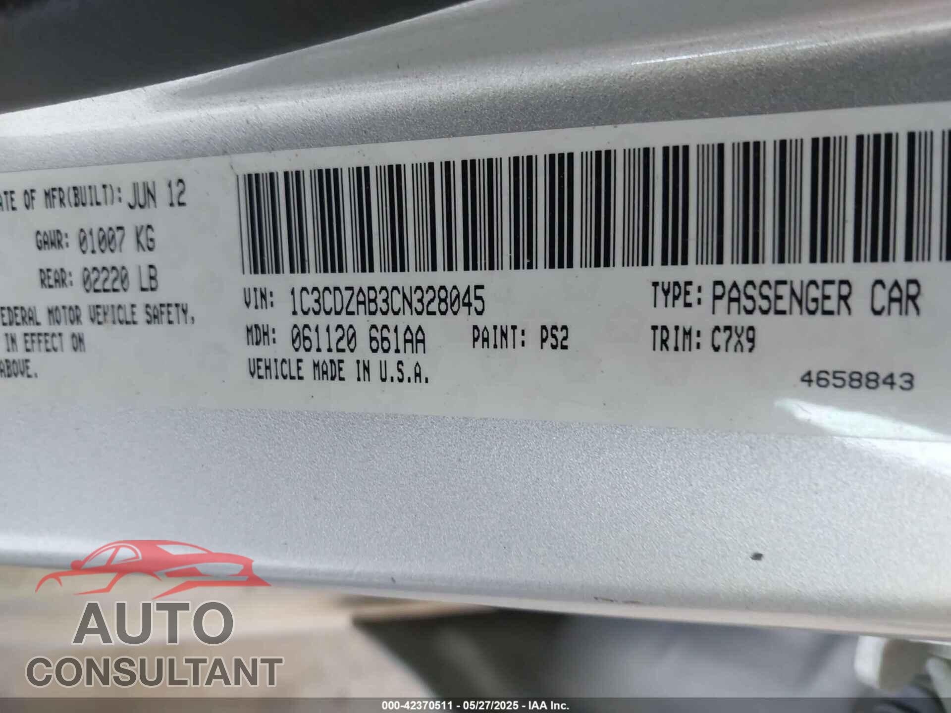 DODGE AVENGER 2012 - 1C3CDZAB3CN328045