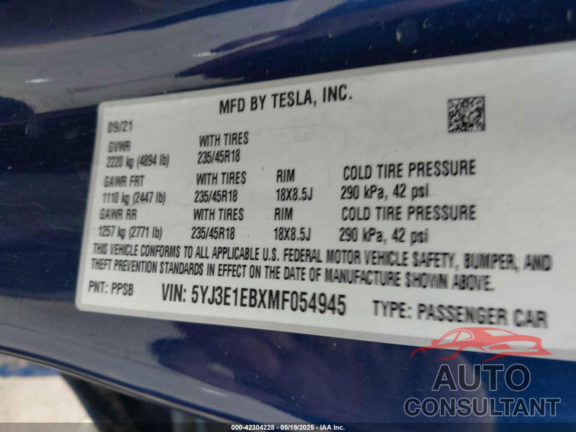 TESLA MODEL 3 2021 - 5YJ3E1EBXMF054945