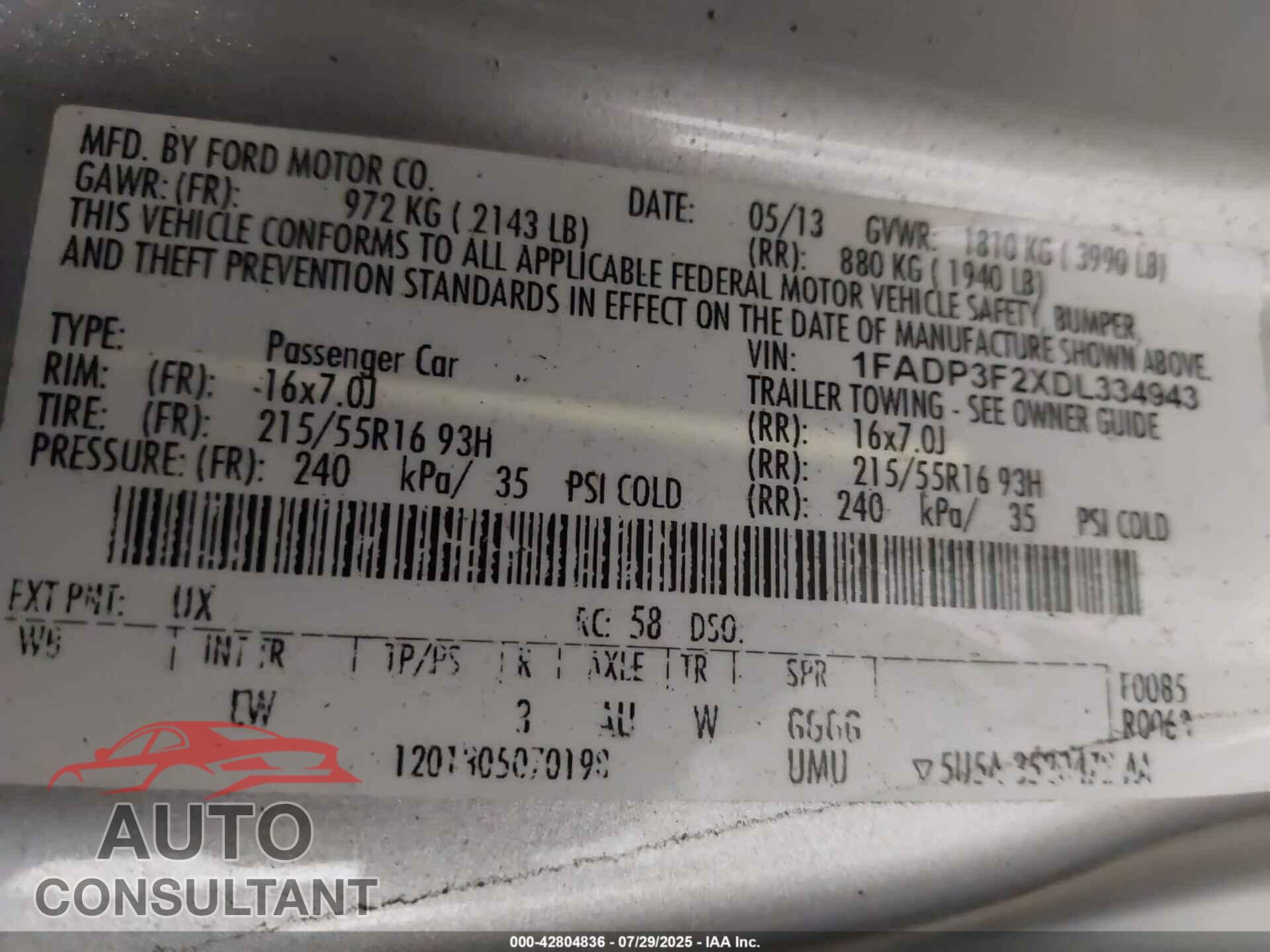 FORD FOCUS 2013 - 1FADP3F2XDL334943