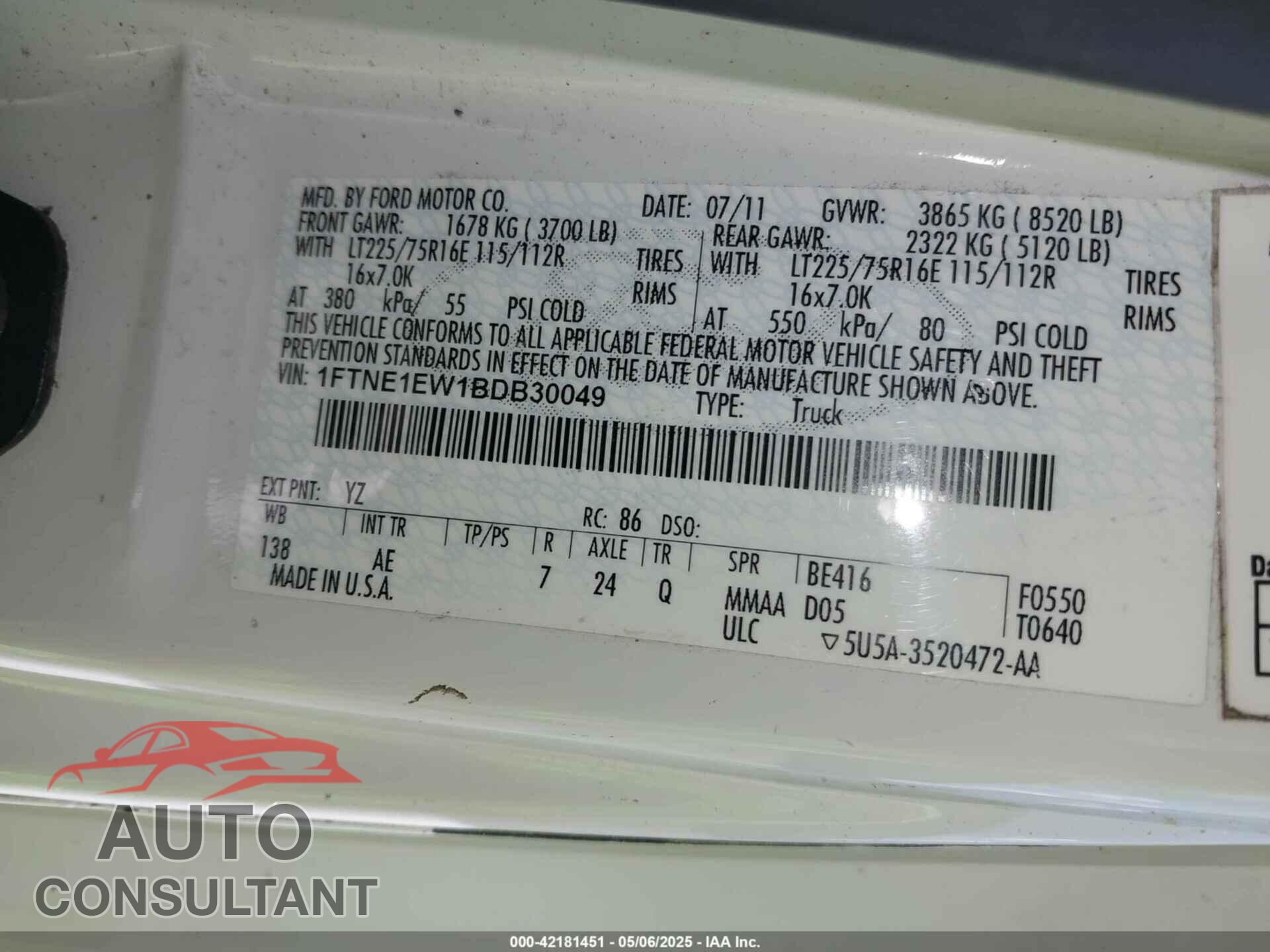 FORD E-150 2011 - 1FTNE1EW1BDB30049