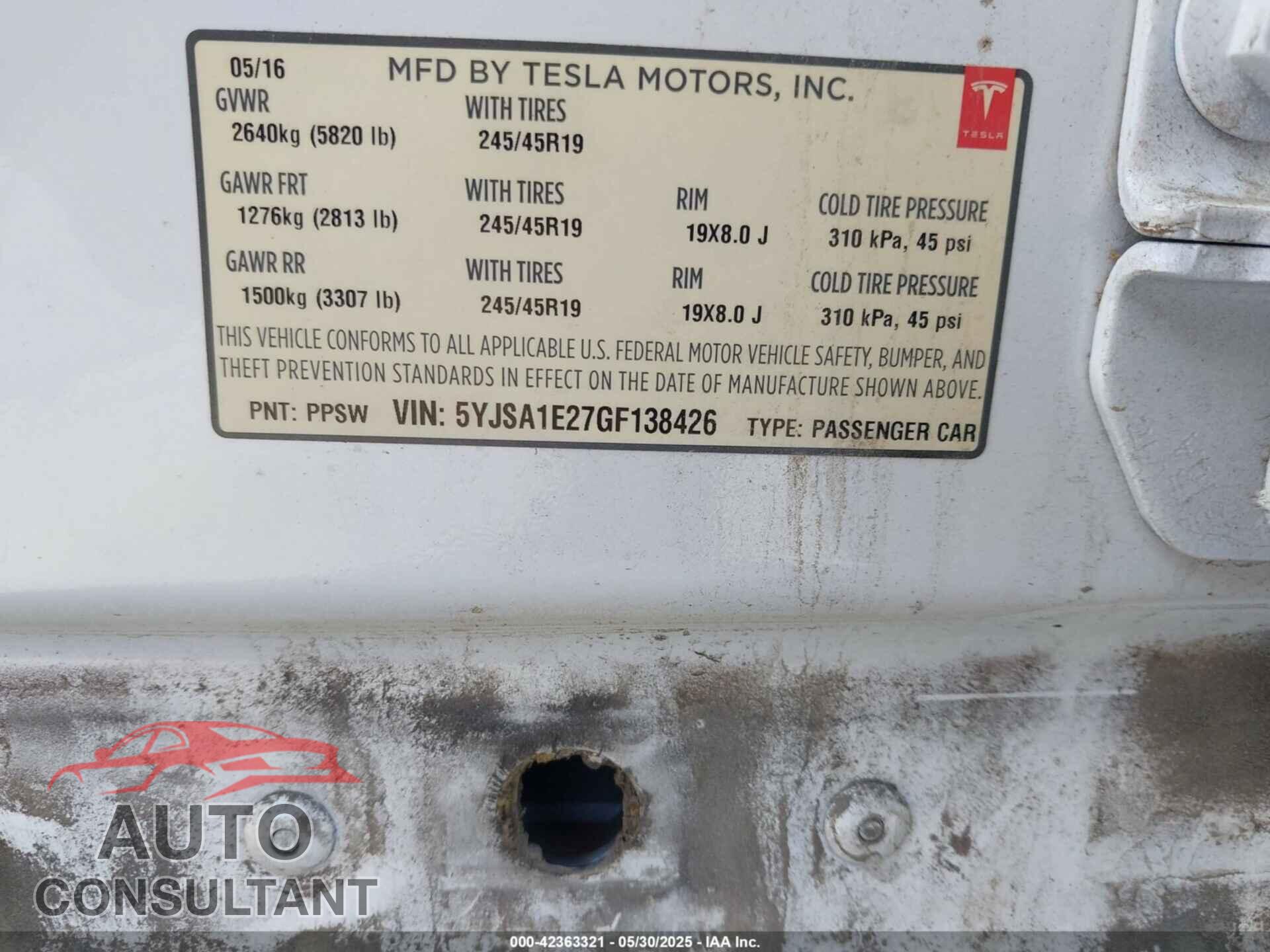 TESLA MODEL S 2016 - 5YJSA1E27GF138426