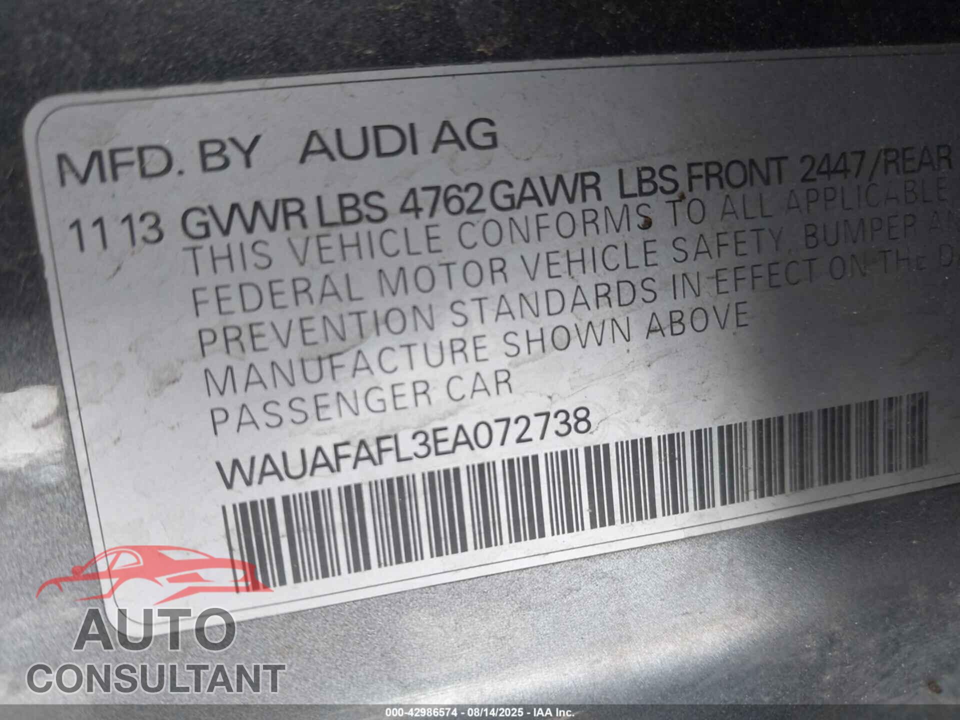 AUDI A4 2014 - WAUAFAFL3EA072738