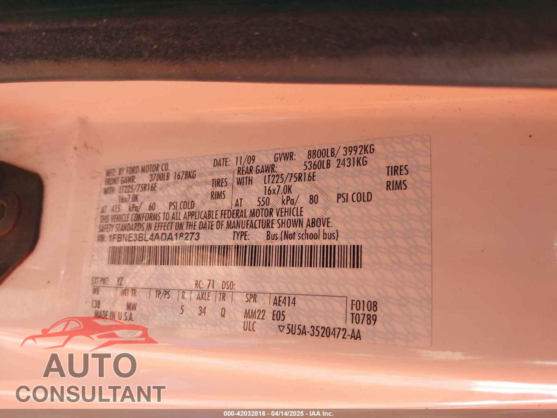 FORD ECONOLINE 2010 - 1FBNE3BL4ADA18273