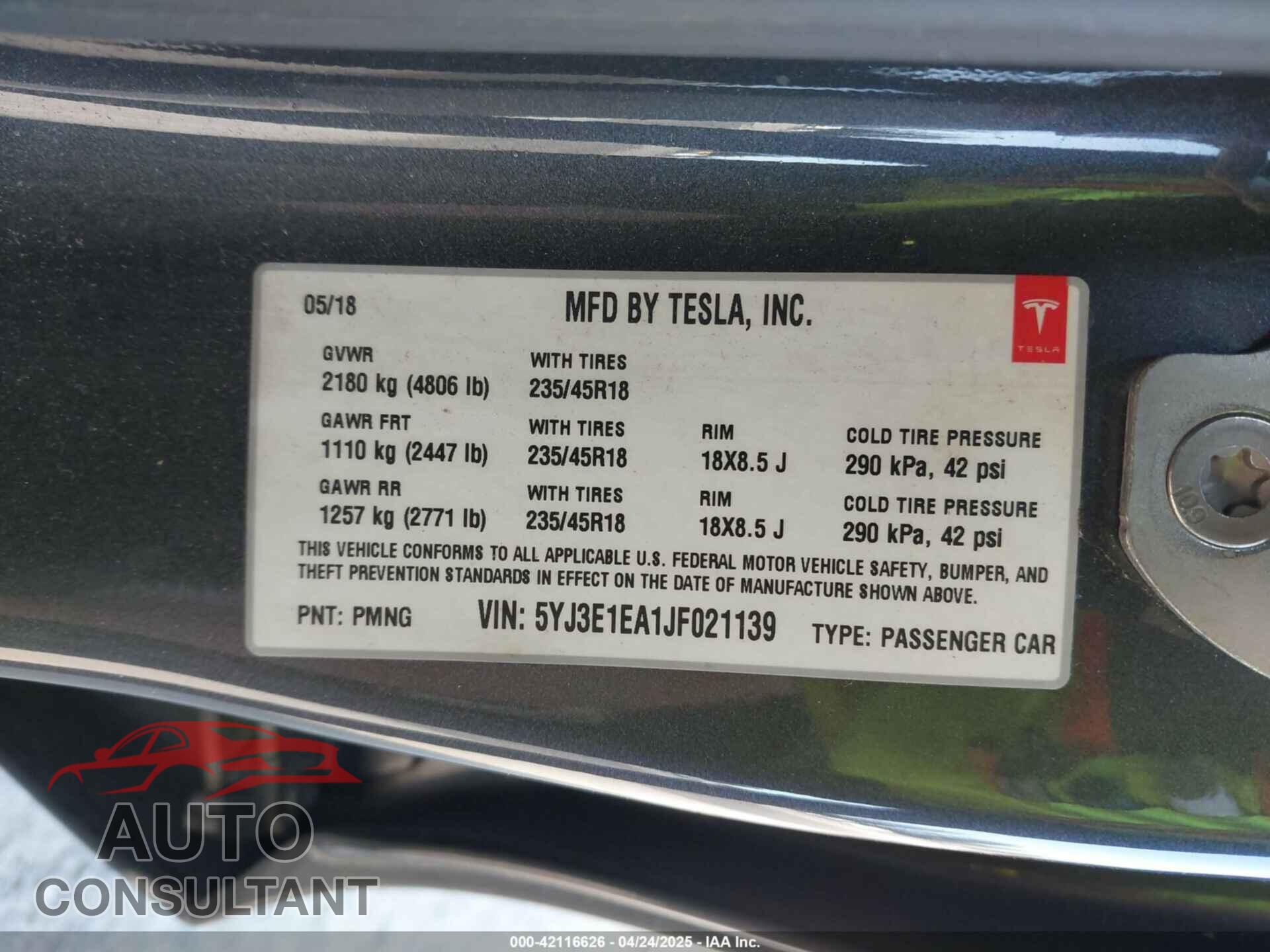 TESLA MODEL 3 2018 - 5YJ3E1EA1JF021139